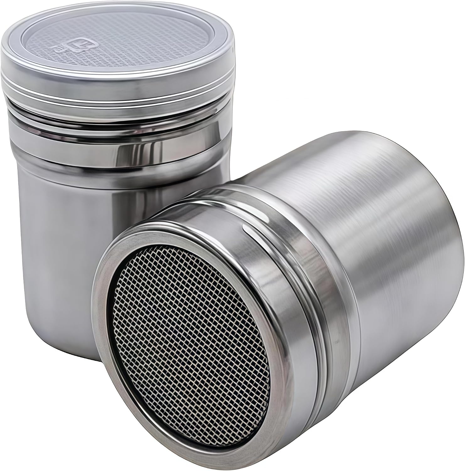 2-Piece Set Stainless Steel Powdered Sugar Shaker Duster with Fine Mesh Canister for Cinnamon, Cocoa Powder, Baking Soda, Coffee Powder, Kitchen Restaurant Outdoor 2.64 x 3.15 inches