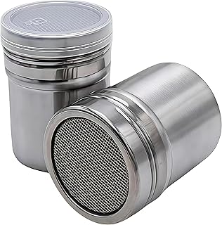 2-Piece Set Stainless Steel Powdered Sugar Shaker Duster with Fine Mesh Canister for Cinnamon, Cocoa Powder, Baking Soda, Coffee Powder, Kitchen Restaurant Outdoor 2.64 x 3.15 inches
