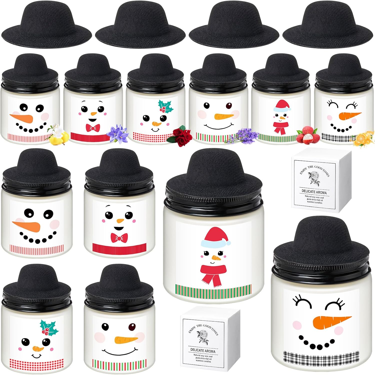 Lounsweer 24 Pcs Christmas Candles Bulk Gifts Set for Women Men 3.5oz Snowman Scented Candles Jar Soy Wax Candle with Mini Snowman Decor Cap for Christmas New Year Winter Decor