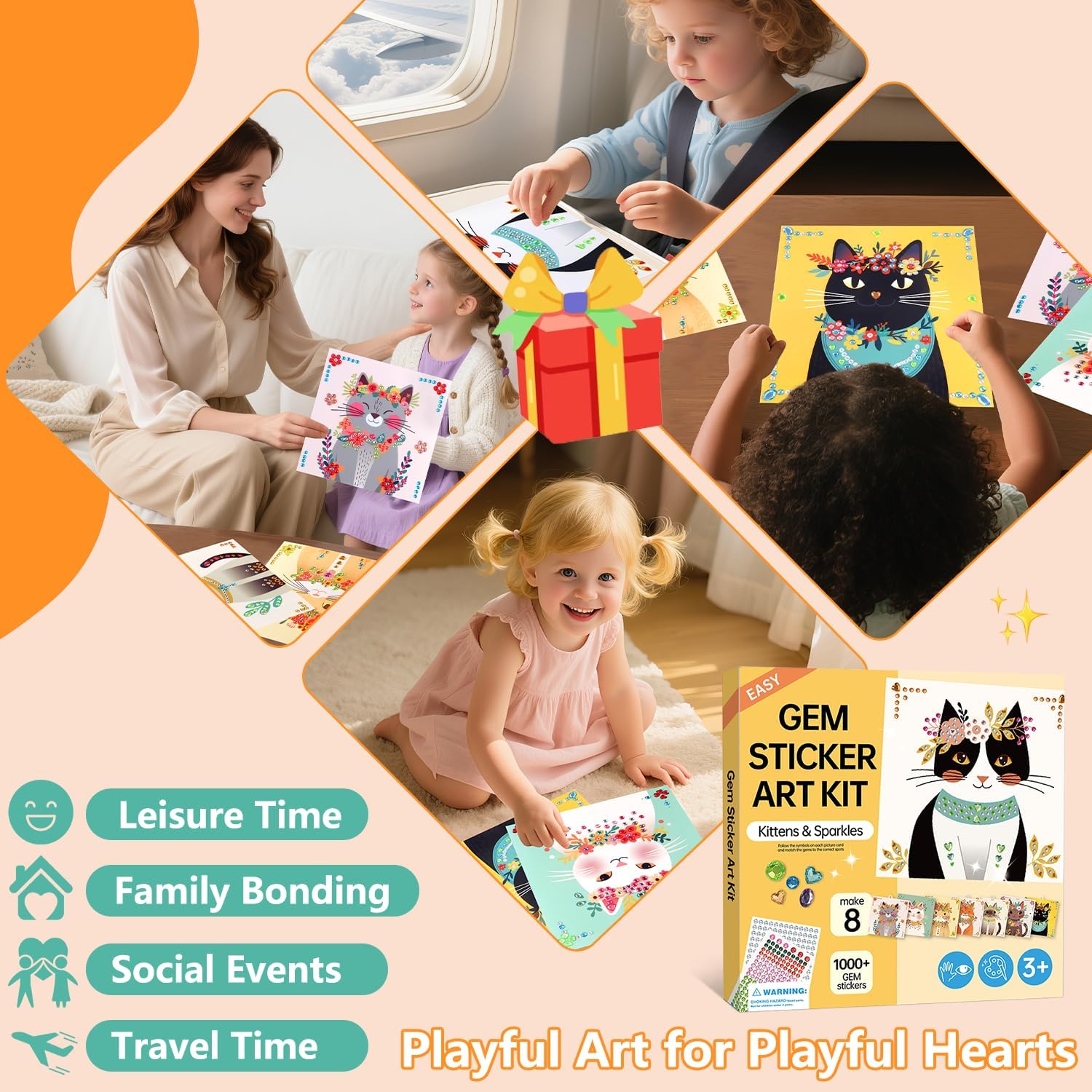 Marlrin Cat Diamond Art for Kids Ages 4-8, Gem Stickers Crafts Kits, DIY Arts and Crafts with Display Stand, Kitten Sticker Art Kit, Birthday Easter Gift for Boys Girls Ages 3-8