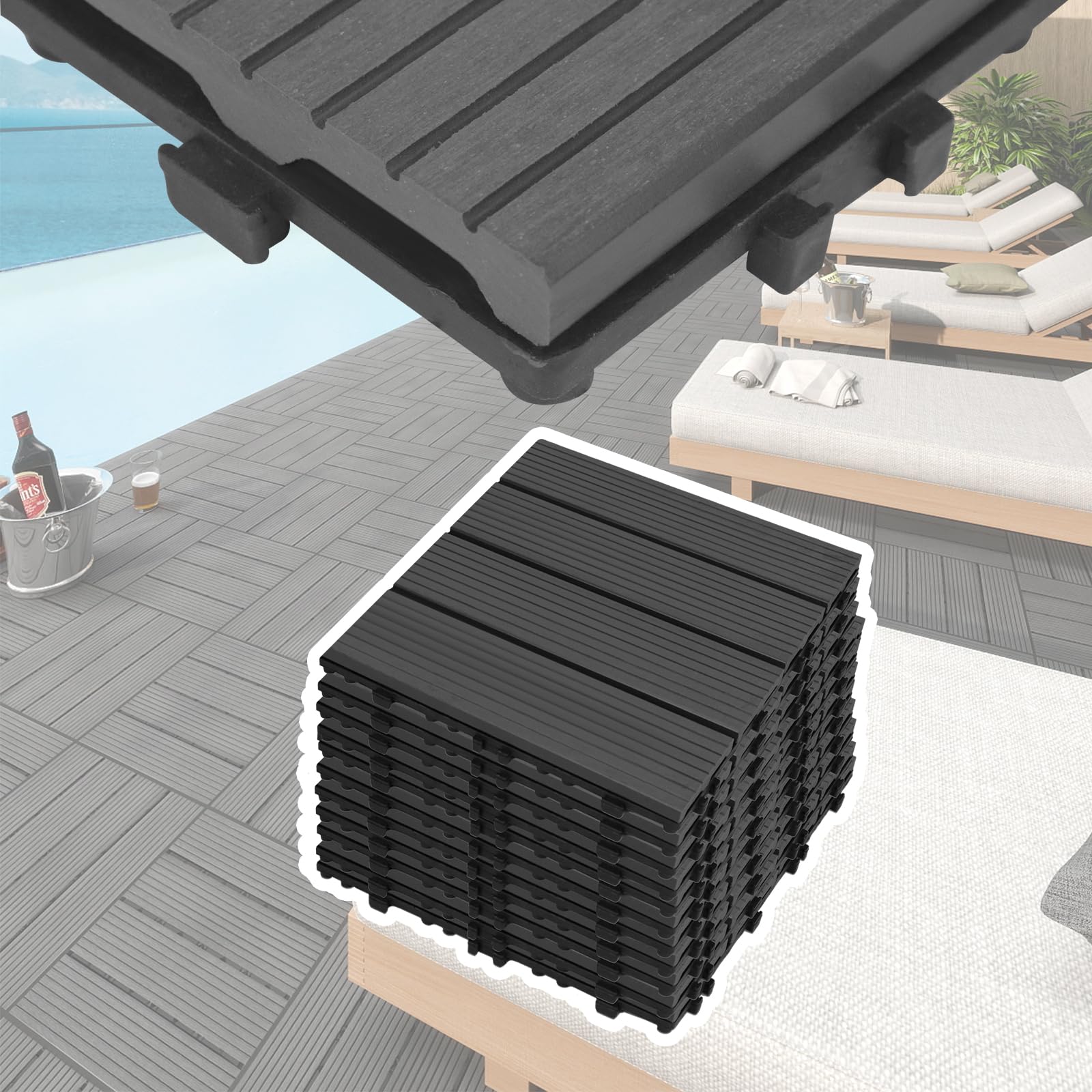 UISEBRT Lot de 22 dalles de terrasse en WPC avec aspect bois pour balcon - Dalles de terrasse clipsables en plastique pour jardin, balcon et terrasse (30 x 30 cm, Anthracite)