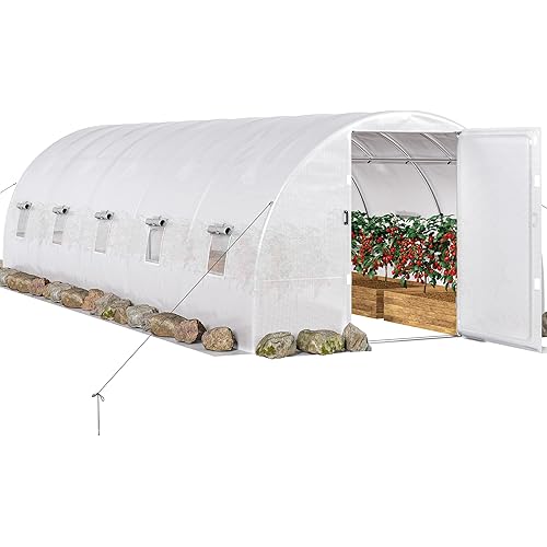YITAHOME 26x10x7ft Greenhouse Extra Large Heavy Duty Large 2 Swing Doors Walk-in Greenhouses Tunnel Green Houses Outdoor 10 Windows Gardening Upgraded Galvanized Steel Garden, White