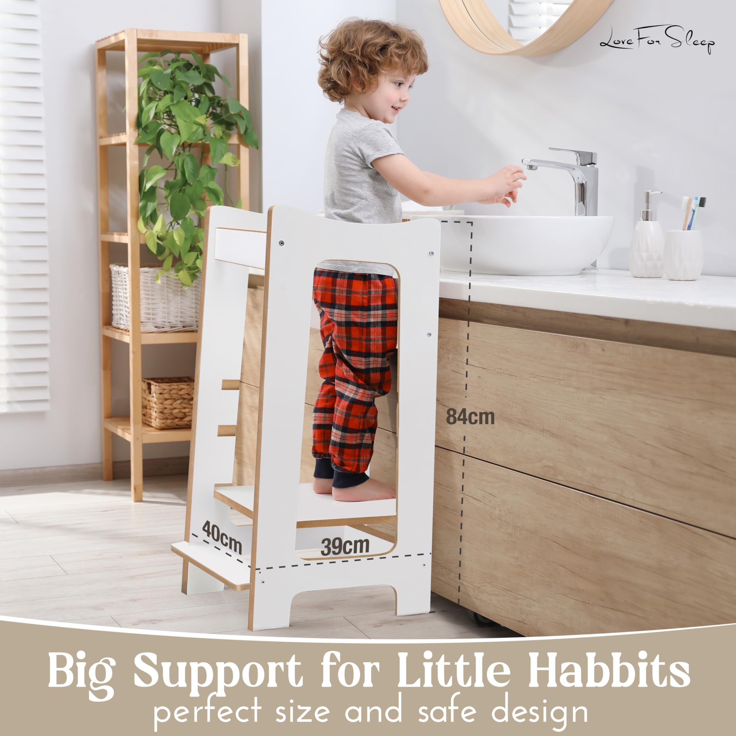 Torre de Aprendizaje Montessori 2 en 1 con Taburete Adicional – Torre de Aprendizaje Infantil Ajustable para Lavabo o baño, Blanco/Pino