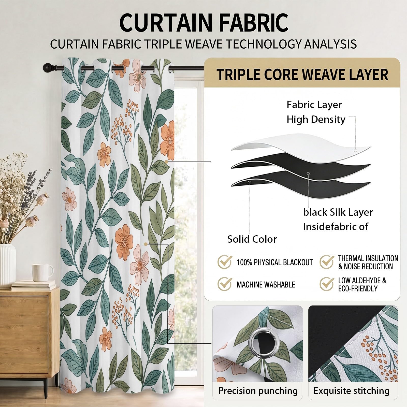 Rideaux Occultant Motif Feuilles Tropicales Aquarelles 140L X 260H cm Lot de 2 Rideau Occultant Thermiques Imprimé Feuille Plante, Rideau Oeillets Opaque Draperie Decoration pour Couloir, Vert