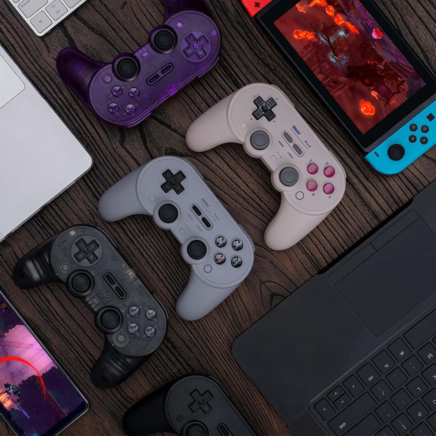 AKNES 8BitDo Pro 2 Bluetooth Wireless Controller for Switch/Switch OLED with 2pcs Joycon Thumb Grip Caps,Gamepads for Steam Deck,MacOS,iOS, PC,Android & Raspberry Pi(Clear/Transparent Purple)