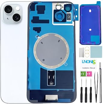 15 Plus Back Glass Replacement for iPhone 15 Plus Rear Back Cover Glass with Waterproof and Camera Lens+Professional Repair Tool Kit Blue