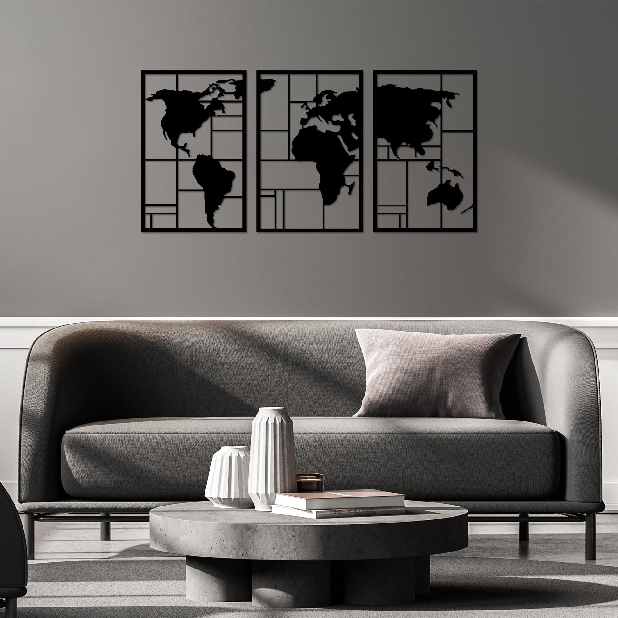 Hanah Home Stylish Black Decorative Metal Wall Accessory (3 Pieces), 48 x 74 cm, 100% Metal, 1.5 mm Thick, Easy Wall Mounting, Perfect for Modern Decor