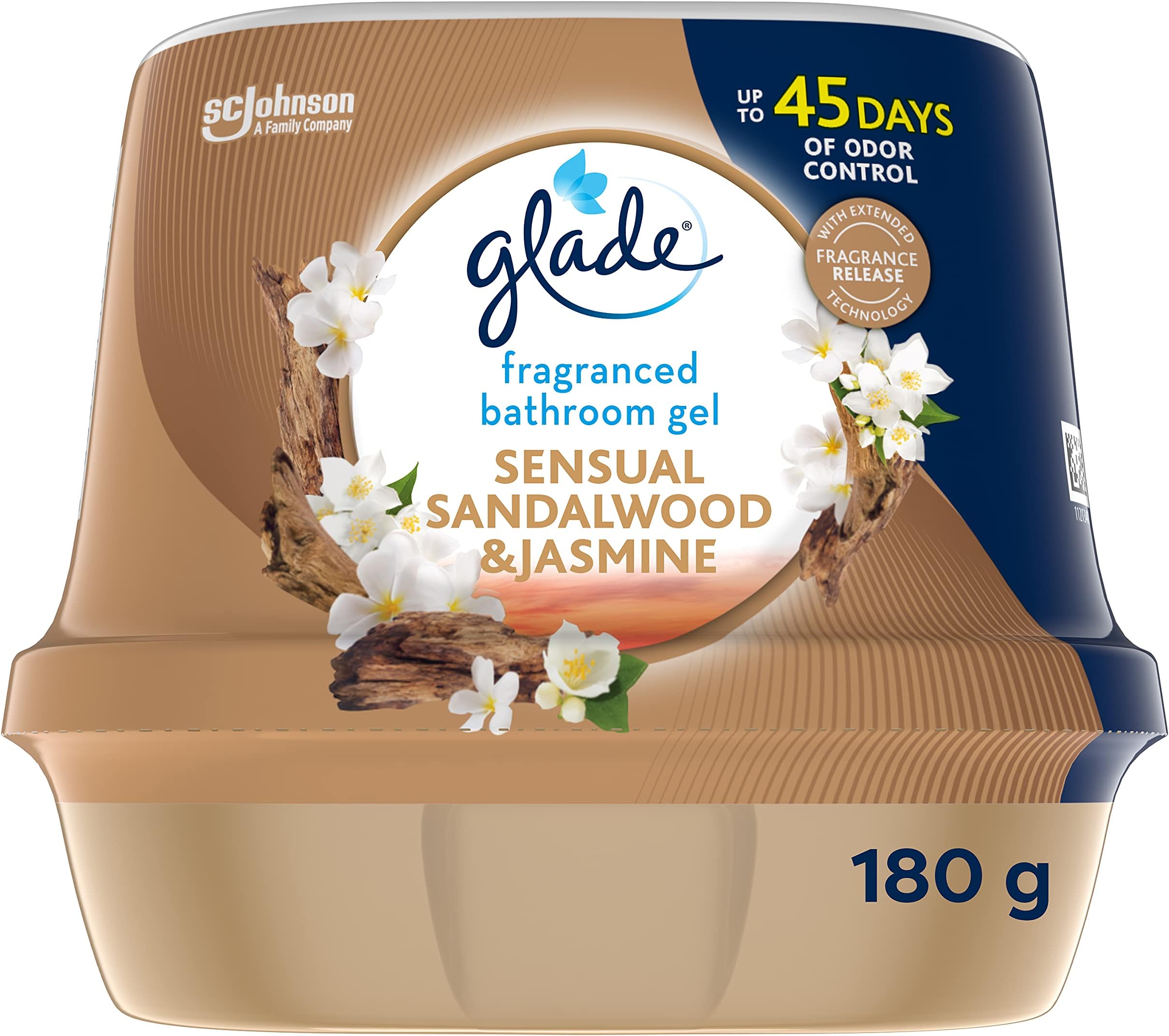 Glade Fragranced Bathroom Gel, Bathroom Air Freshener & Discreet Odour Eliminator, Sensual Sandalwood and Jasmine, 180g (Packaging may vary)