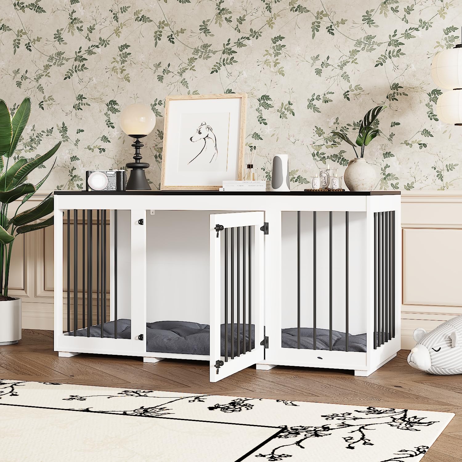 Cage pour Chien d'Intérieur - Niche avec Porte et Coussin - Pour Grands, Moyens et Petits Chiens - MDF + Fer - 136 x 70 x 56 cm - Blanc