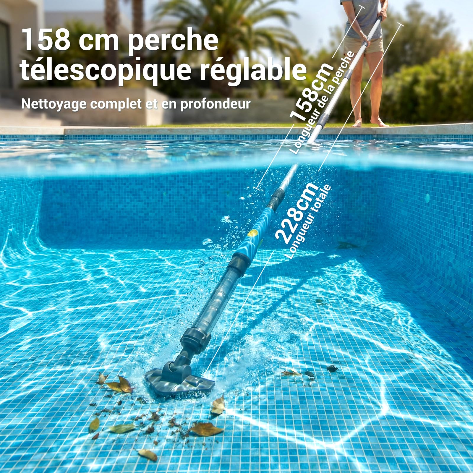Nettoyeur de Piscine sans Fil 2 en 1 Rechargeable, Autonomie 45 Min, Aspirateur Puissant pour Piscines Hors-Sol et Spas, Perche Télescopique 160 cm