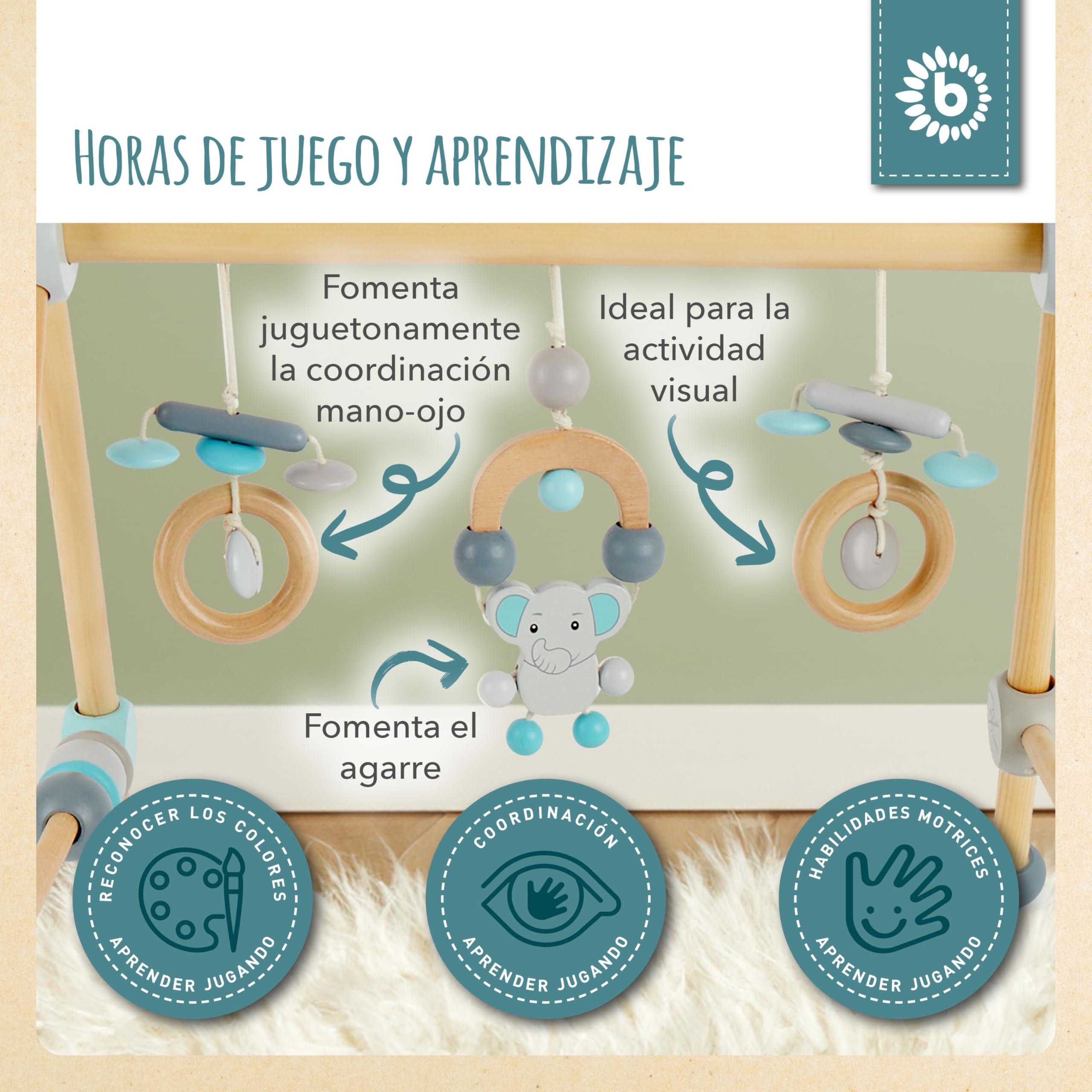 Bieco Spieltrapez | Trampolín para Baby - Figuras, Rasseln, Kugeln- Ajustable en Altura | Trampolín Holz | Centro de Actividades para Bebés Gym | Juguete de Madera para Baby