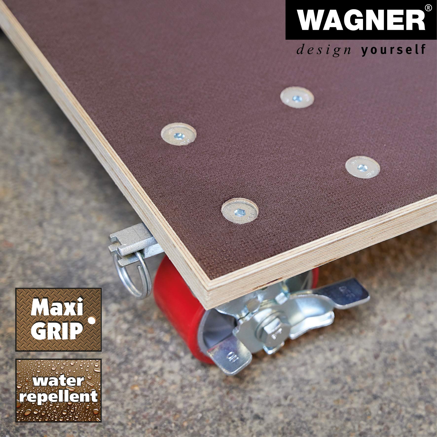 WAGNER Transportroller Transporthilfe 1348 I Schichtholz 24 mm mit Grip 78 x 59 x 16 cm, Tragkraft 1.000 kg I Schwerlastroller für Umzzg, Werkstatt, Handwerk I Softrollen & Bremsen I FSC® I Made in DE