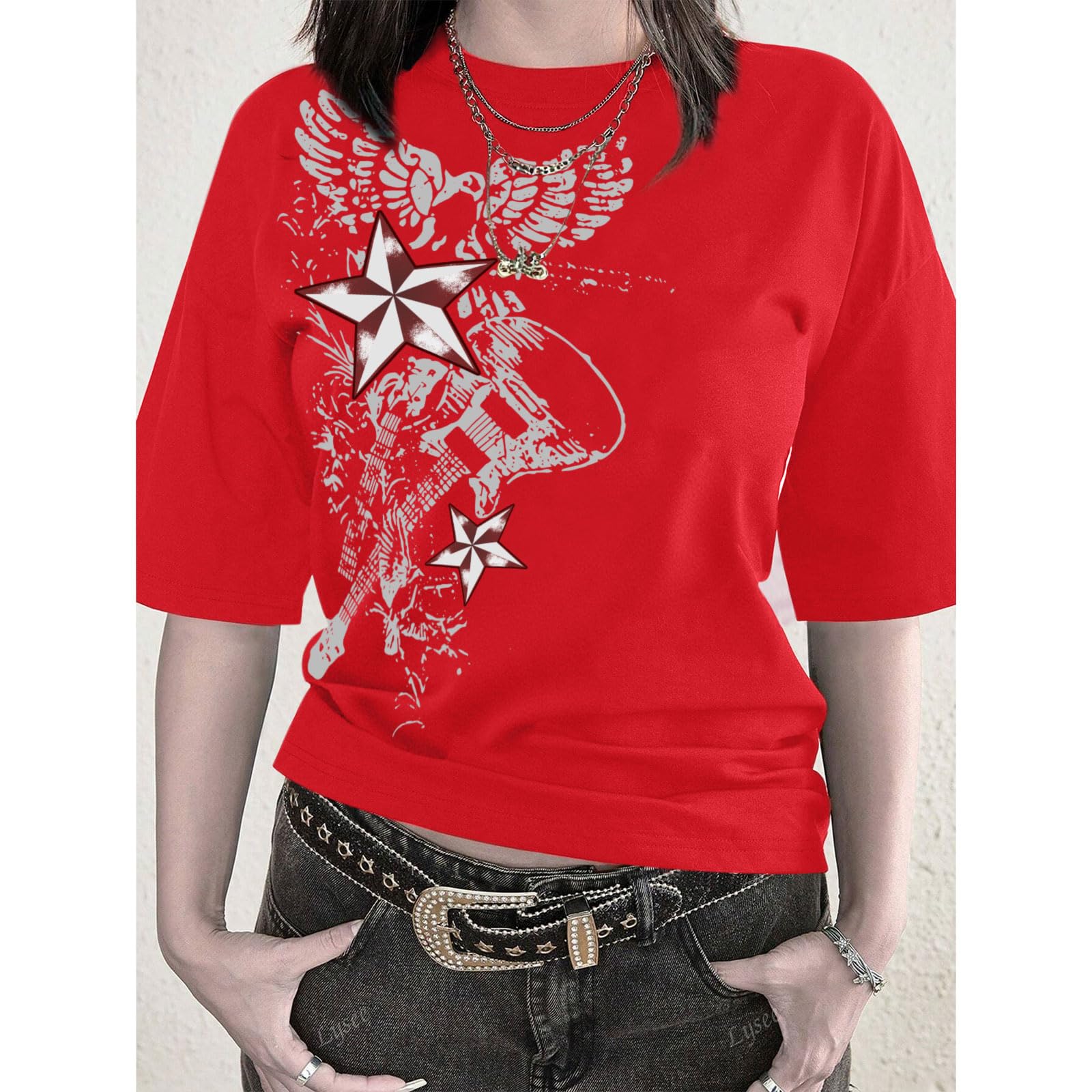 Weetiotio Vintage Rock Band T Shirts for Women Oversized Graphic Tees Country Music Y2k Grunge Shirts Baggy Streetwear Shirt: Red X-Large