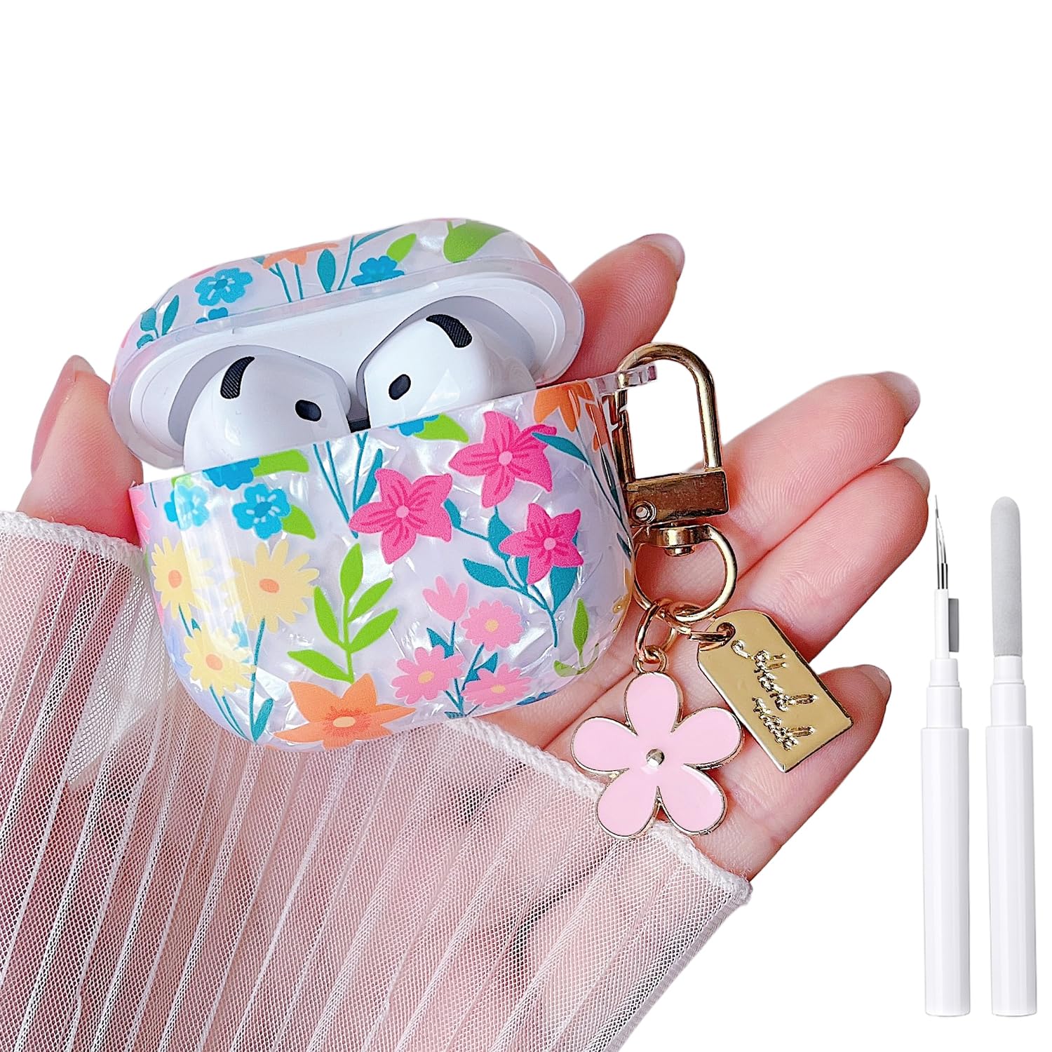 MINSCOSE for Glitter AirPods 4 Case,Cute Shell Pattern Flower Design with Floral Keychain,Soft TPU Anti-Drop Shockproof Cover with Cleaner Kit for Women Girls for AirPods 4-Colorful