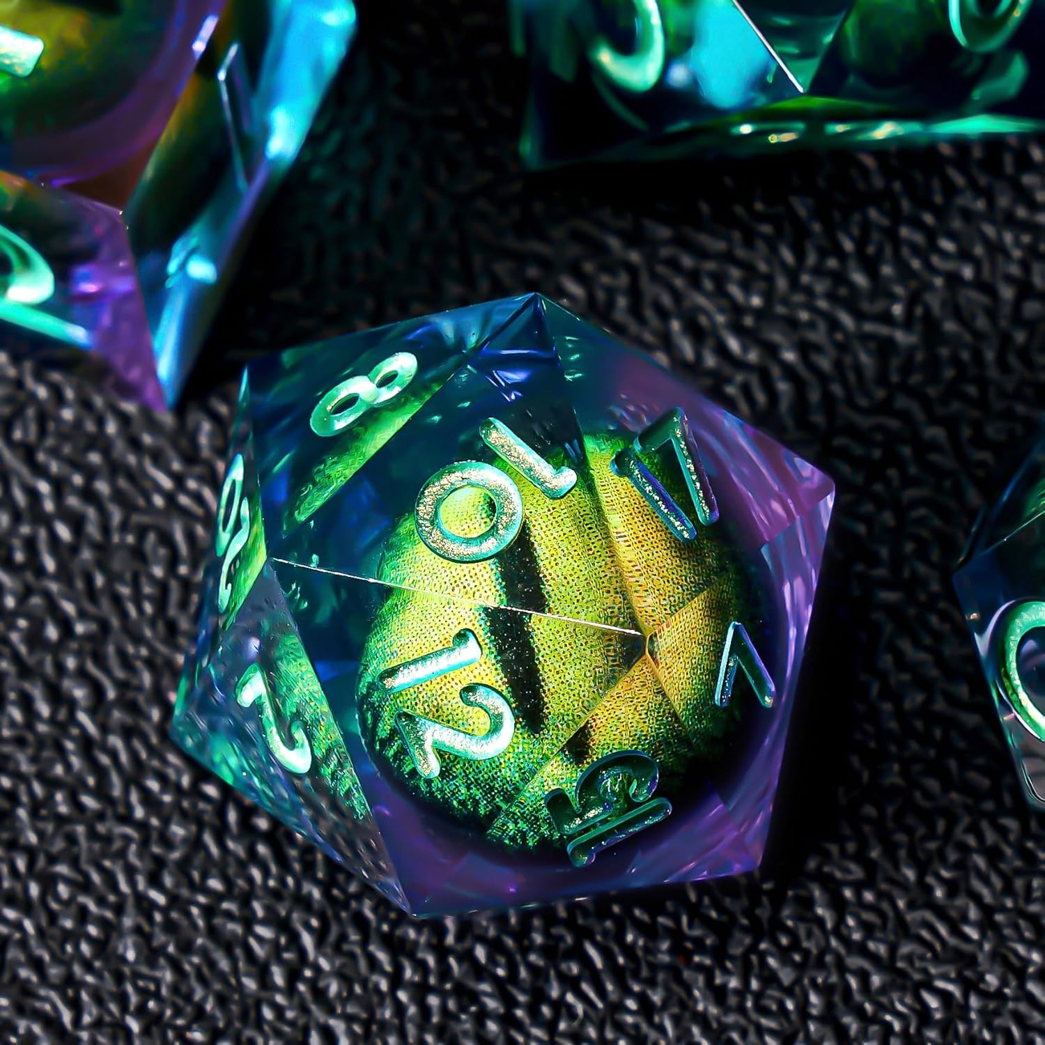 Beholder's Dragon Eye DND Dice Set,Sharp Edge Liquid Core Resin Handmade Cat Eye Dice with Gift Box 7 PCS for Role Playing Dungeons and Dragons Ttrpg(Green Purple Dragon Eye)