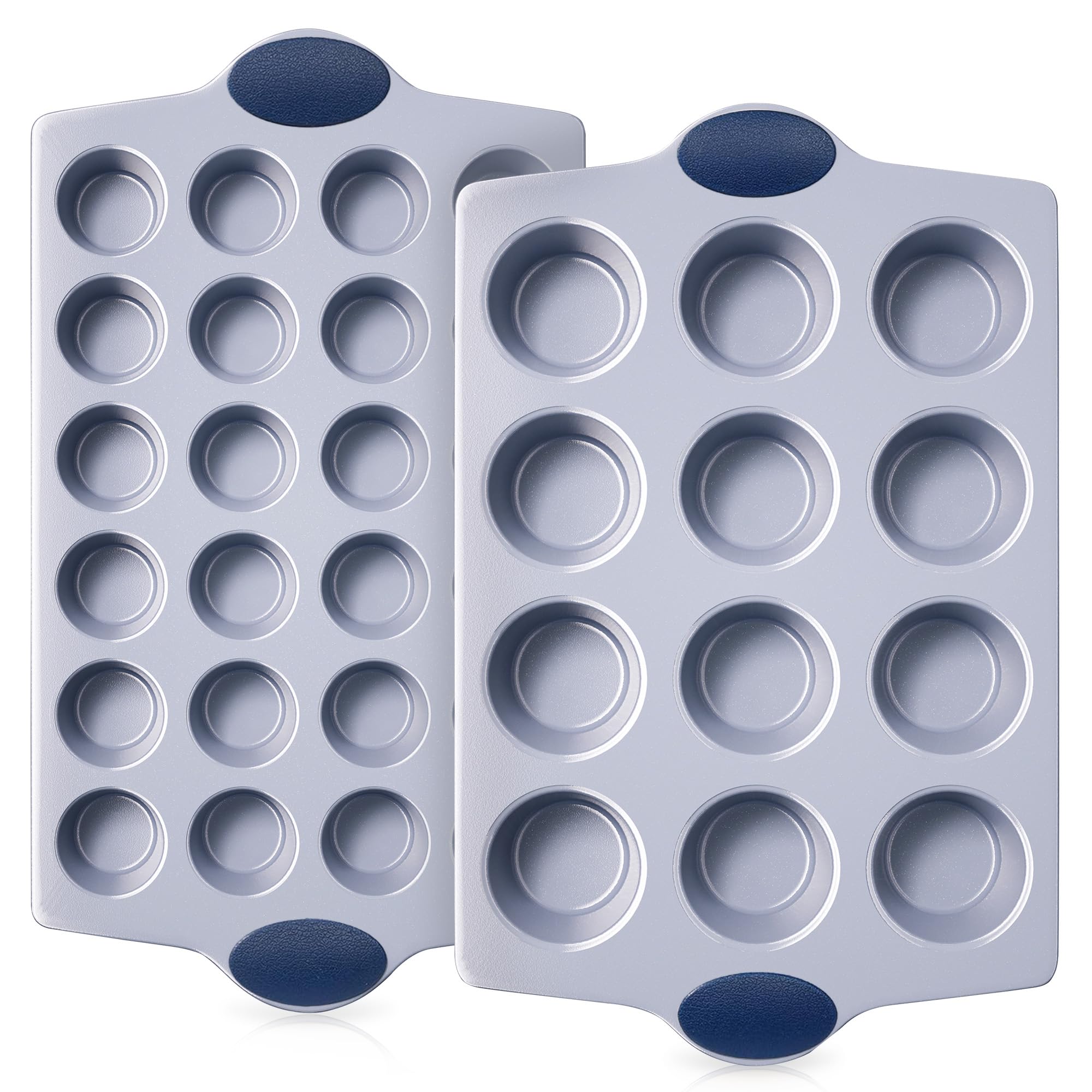 BRONYPRO 2-Pack 12 Cup and Mini 24 Cup Non Toxic Nonstick Ceramic Muffin Pan & Cupcake Tin, PFOA & PTFE Free, Heavy Duty Rust-Resistant Aluminized Steel, Oven Safe, Blue