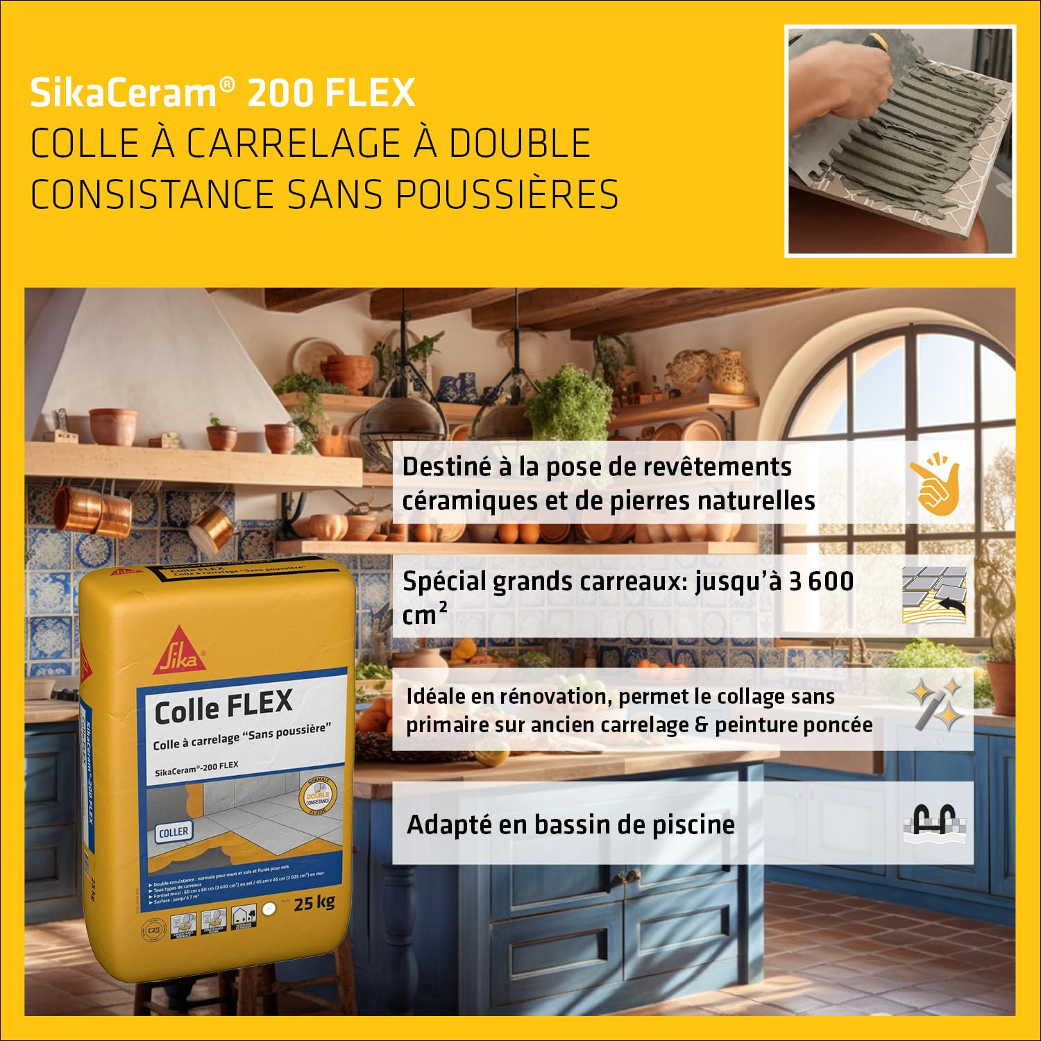 SIKA - Colle à carrelage - SikaCeram 200 FLEX - Blanc - 25kg | Tous types de carreaux (3600cm² max) - Murs et Sols - Intérieur et Extérieur - Sans poussières