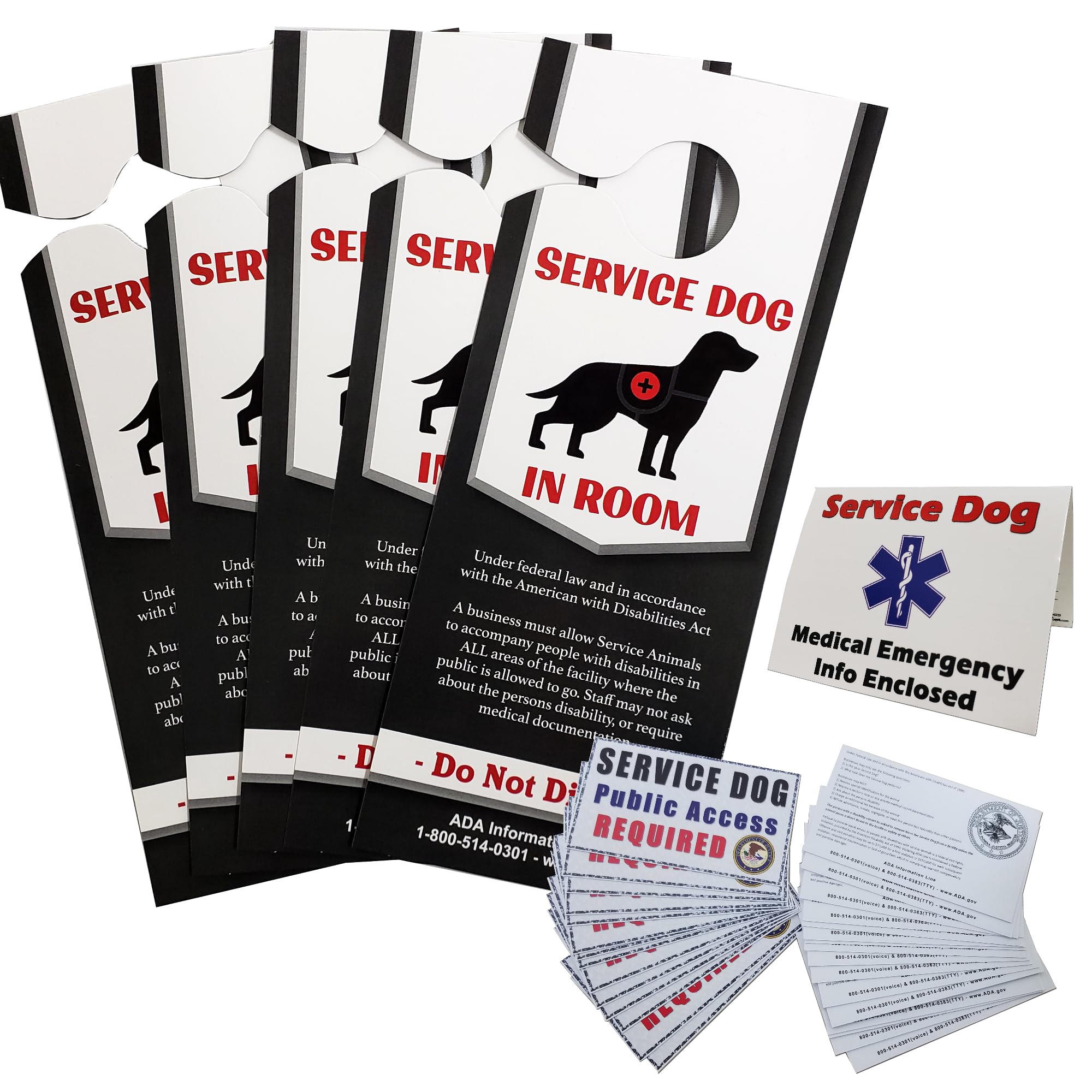ActiveDogs Service Dog Travel Kit Standard - 5 Service Dog Door Placards, 1 Medical Alert Information Card & 30 ADA Service Dog Law Cards 2024 - Service Dog Accessories Pack for Service Dog Travel