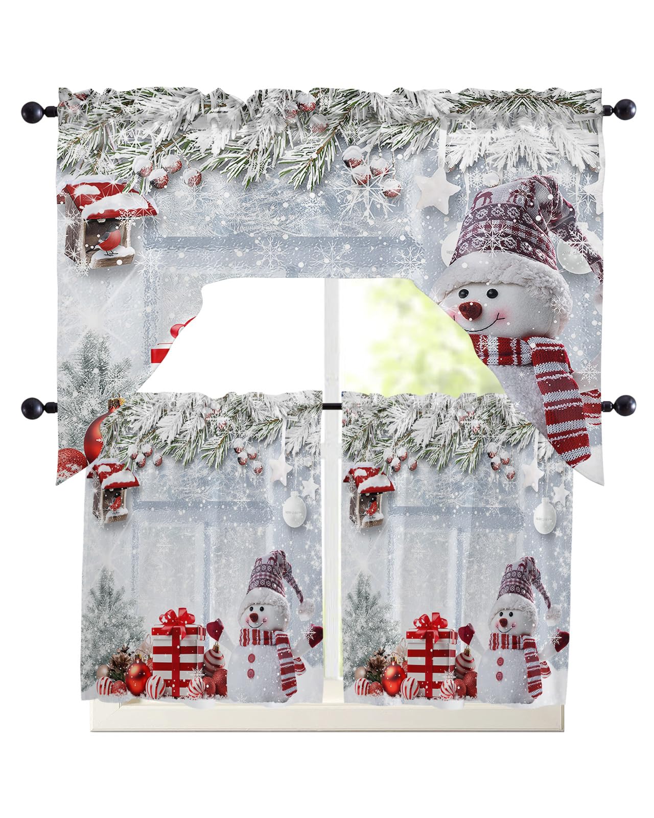 Xmas Snowman Swag Kitchen Curtain Sets with Valance, 3 Pieces Rod Pocket Curtain Drapes for Bedroom Living Room Bathroom Cafe Windows, Christmas Snowy Tree Branch 56''x36'' & 24''x27.5''x2Panels