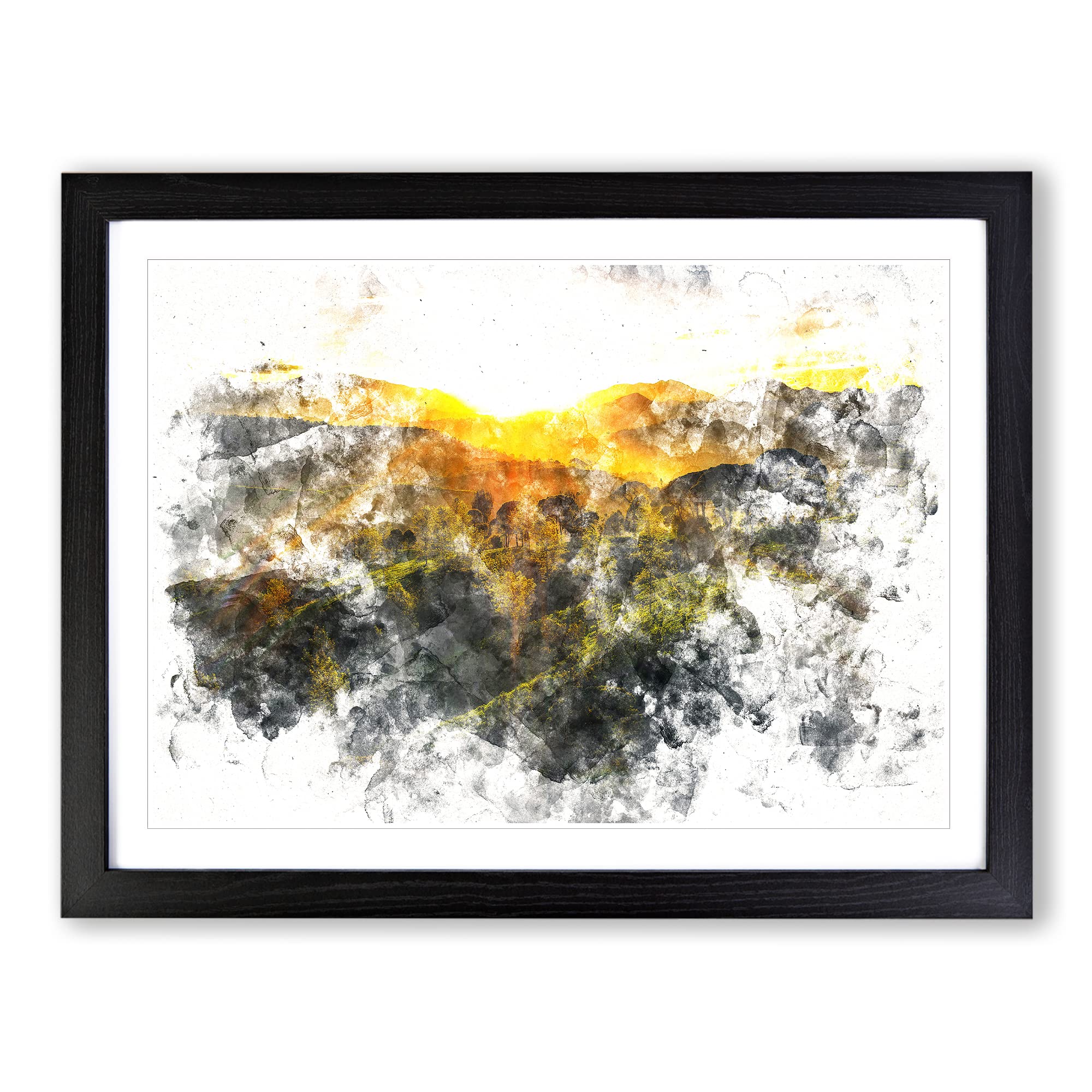 Sunlight Over The Countryside Watercolour Modern Framed Print, Black, A3 (46 x 34 cm)