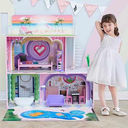 Miniatura 8 de Olivia's Little World Dreamland Sunset - Casa de muñecas de madera de 2 pisos con cubierta moderna en la azotea y 14 piezas, juego de accesorios