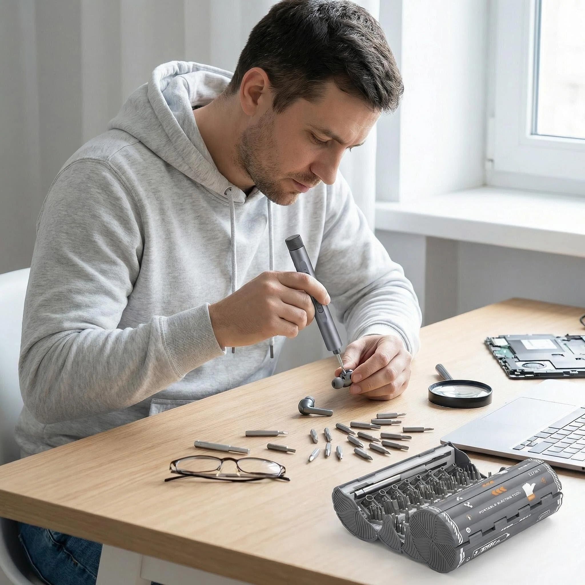 Juego de destornilladores eléctricos de precisión, puntas magnéticas 127 en 1, USB C recargable, luz LED, modos manuales y eléctricos, kit de herramientas de reparación portátil inalámbrico