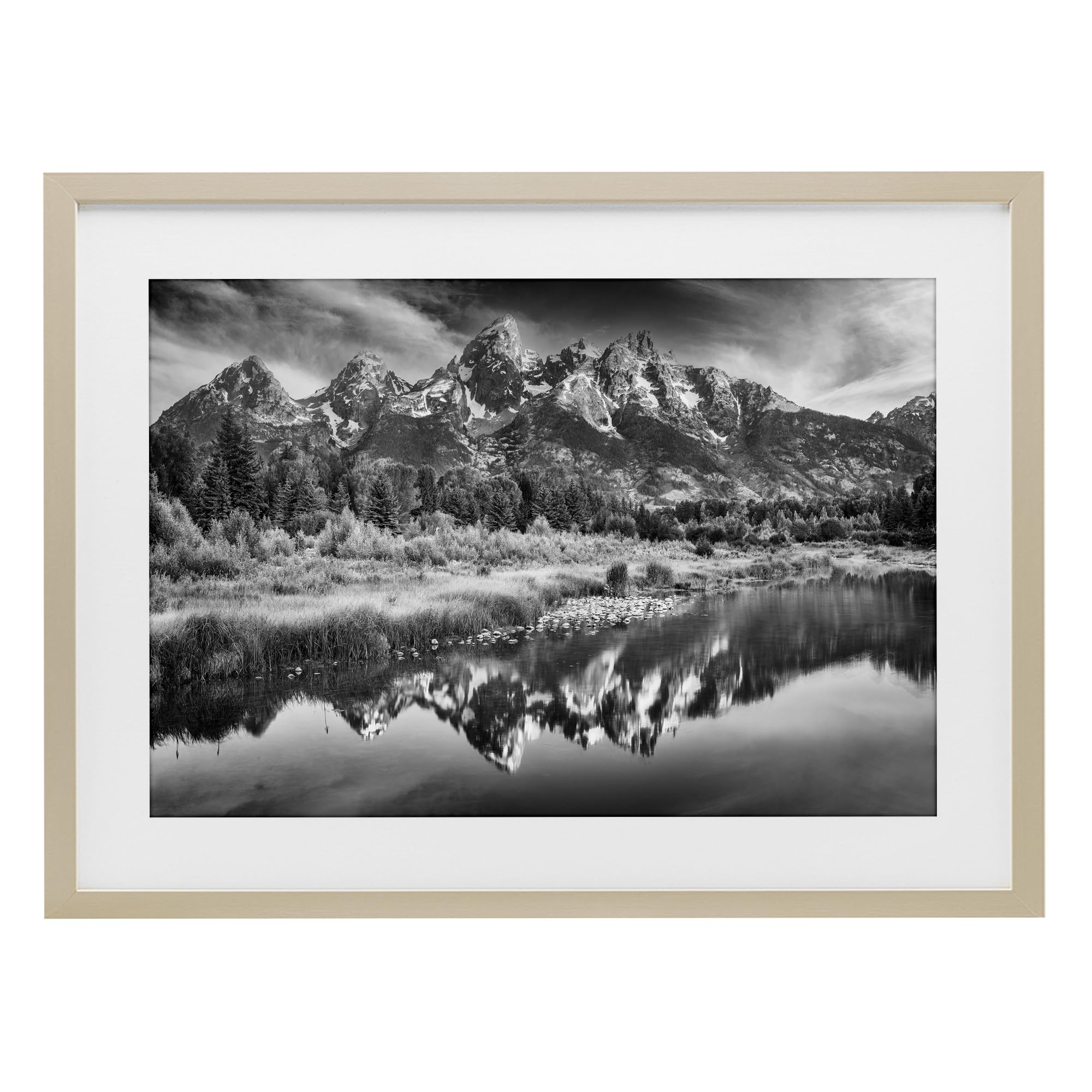 Stupell Industries Teton Mountain Reflections, Serene Greyscale Landscape for Living Room, 17 x 23 Inch Framed Matted Print Under Glass, by Rick Berk, Made in USA Gift