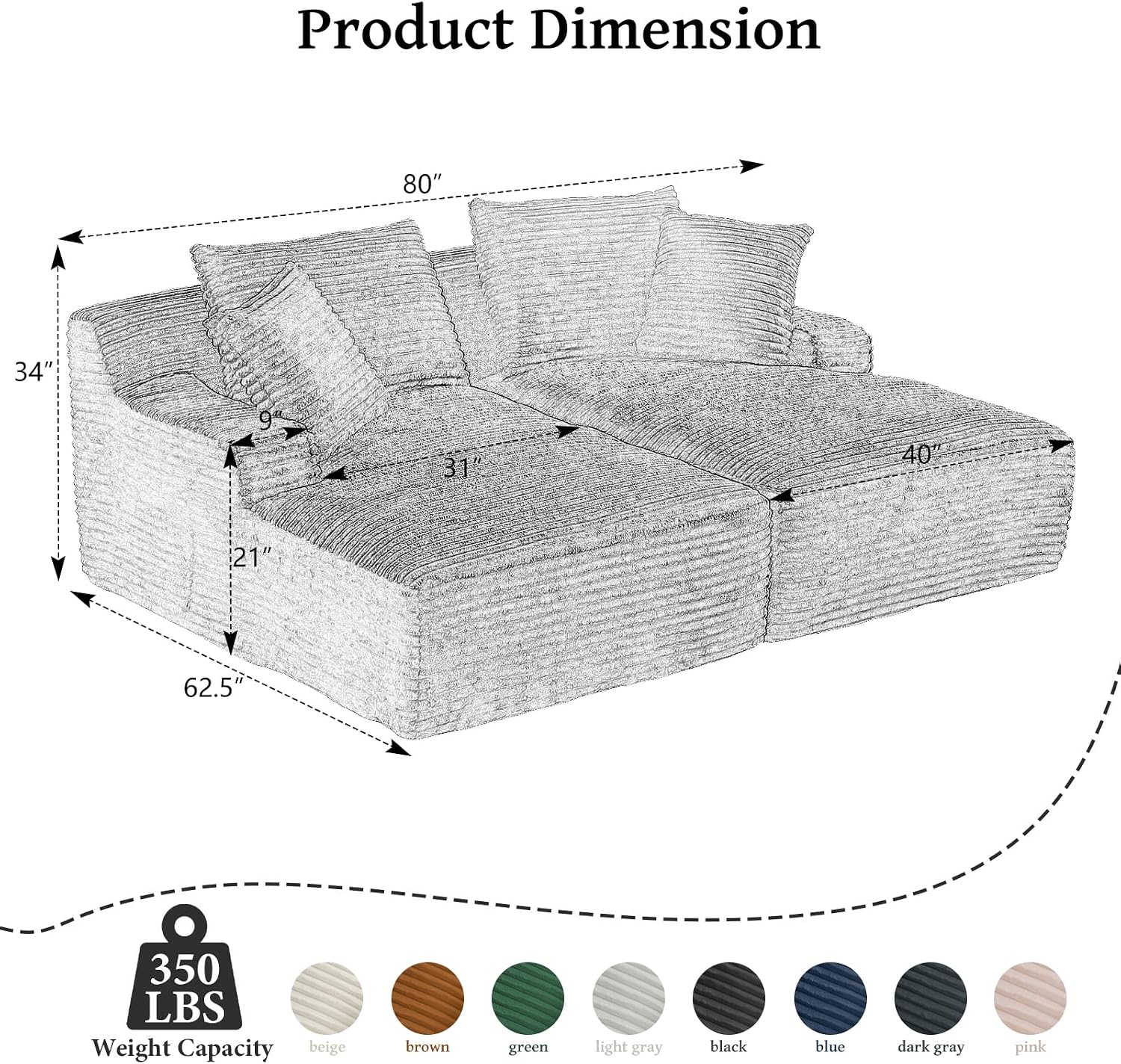 80" Double Chaise Lounge Chair Indoor, Oversized Boneless Couch Comfy Upholstered Sleeper Sofa Bed with 4 Pillows, Corduroy Cloud Loveseat Chair for Living Room No Assembly Required, Black
