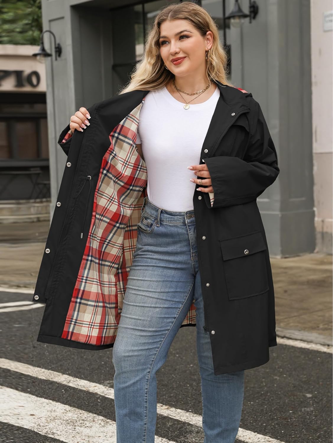 Kikibell Plus Size Rain Jackets for Women Raincoats Waterproof Windbreaker Jacket Hooded Outdoors Trench Coat with Pockets - Image 8