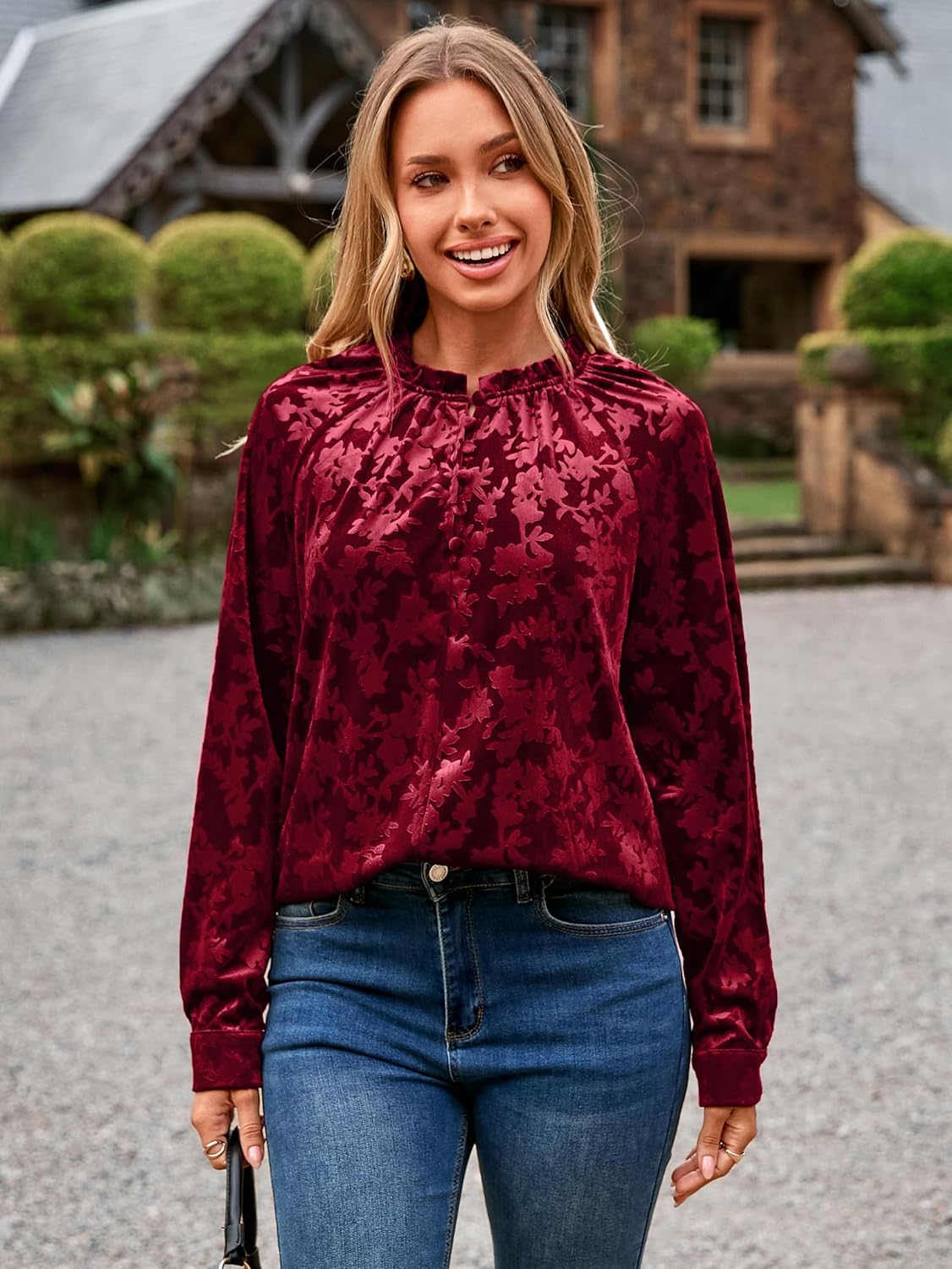 Simplee Velvet Tops for Women Long Sleeve Button Down Shirt Fall Blouses Dressy Casual Holiday Party Outfits 2025 - Image 2