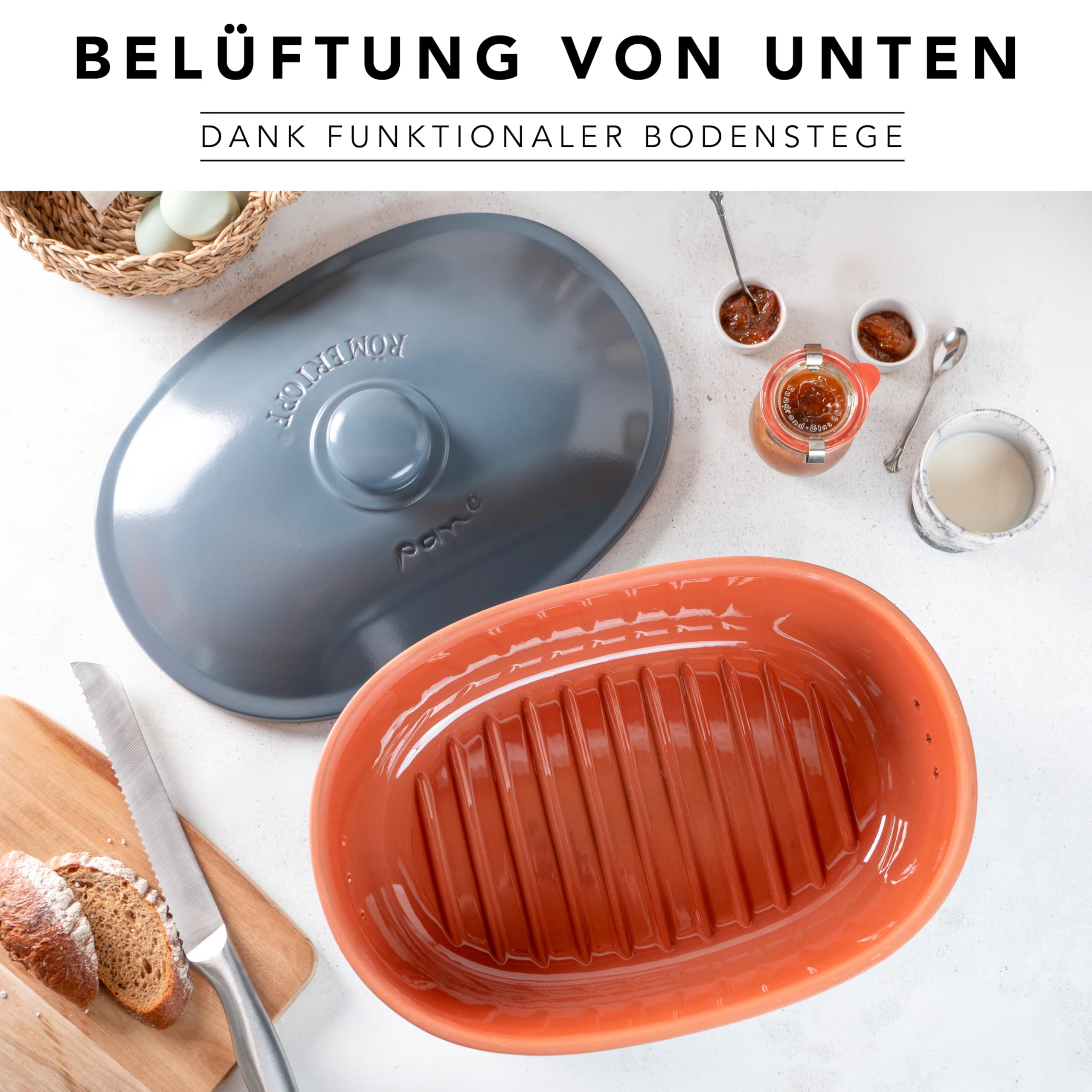 Römertopf Brottopf MAXI aus Naturton – Ovaler Brotbehälter zur Aufbewahrung von Brot & Brötchen – mit Belüftung für lange Frische – spülmaschinengeeignet – 40 x 28 x 20 cm – blau-grau | 40 x 28 x 20 cm, Platz für Baguette und Wochenvorrat, atmungsaktive K