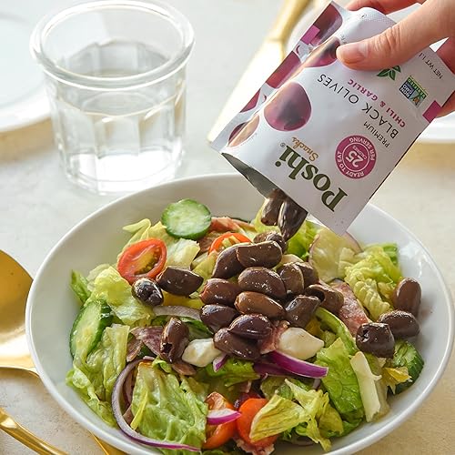 Vista 15 de Poshi Olives + Veggies Variedad de aceitunas enteras sin hueso de 4 sabores Poshi 4 sabores Vegano, Kosher, sin gluten + Snacks saludables