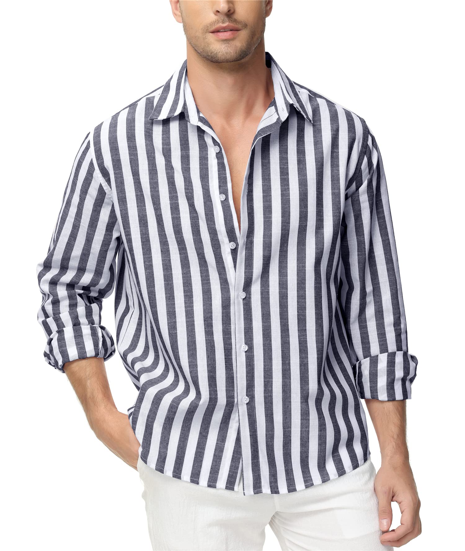 Alivebody Camisa Rayas Hombre Manga Larga Verano Casual con Botones Playa