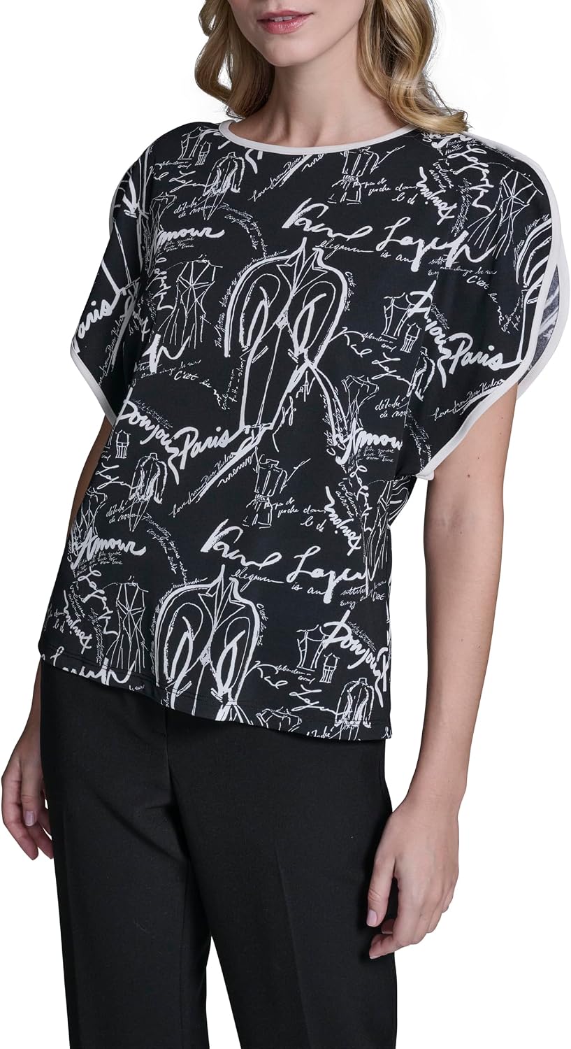 Karl Lagerfeld Women's Flutter Short Sleeve Printed Blouse