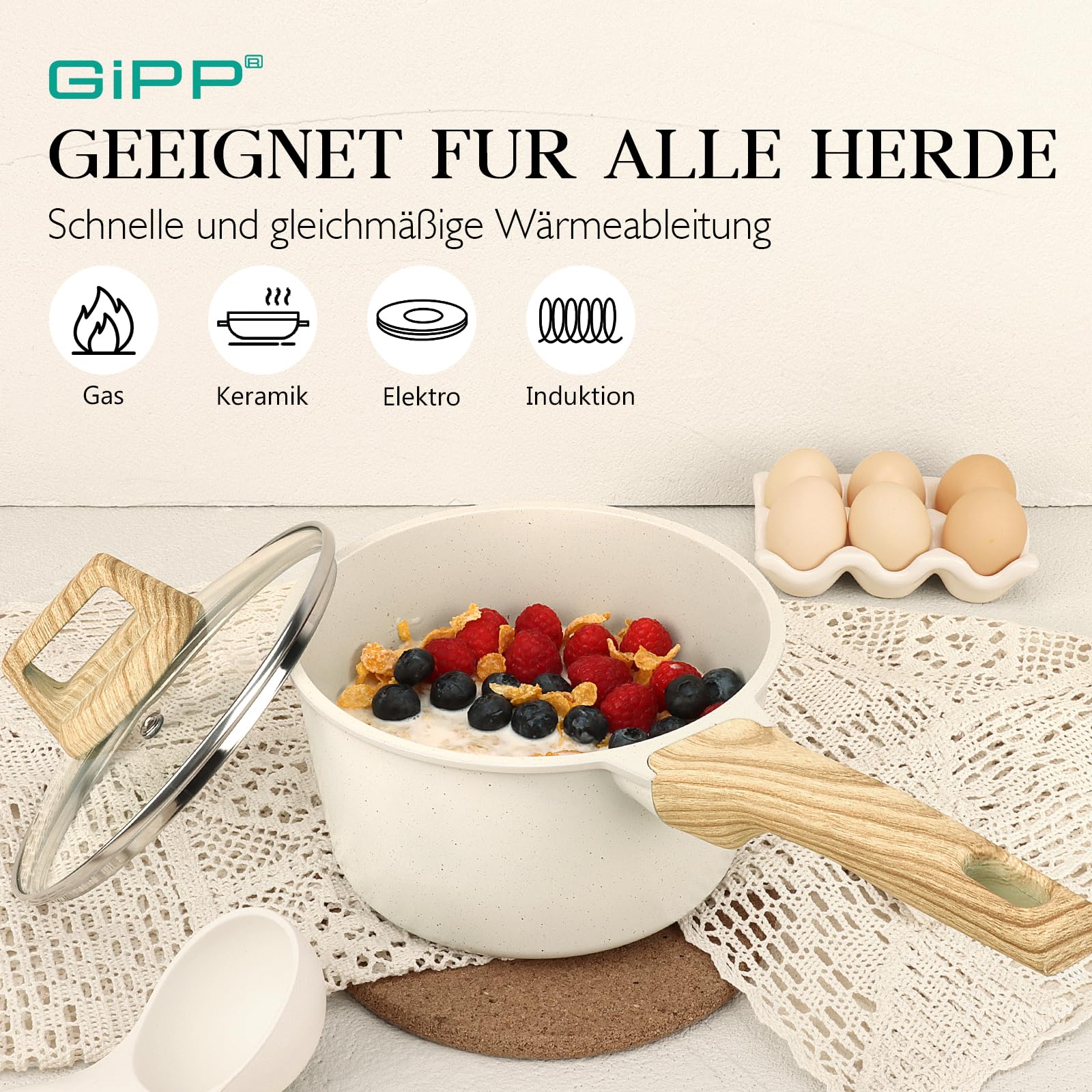 GiPP Casseruola da 20 cm, piccola casseruola a induzione, con coperchio, rivestimento antiaderente in granito, manico in legno, pentola da 3.6L, per induzione, senza PFOA (bianco, 20cm)