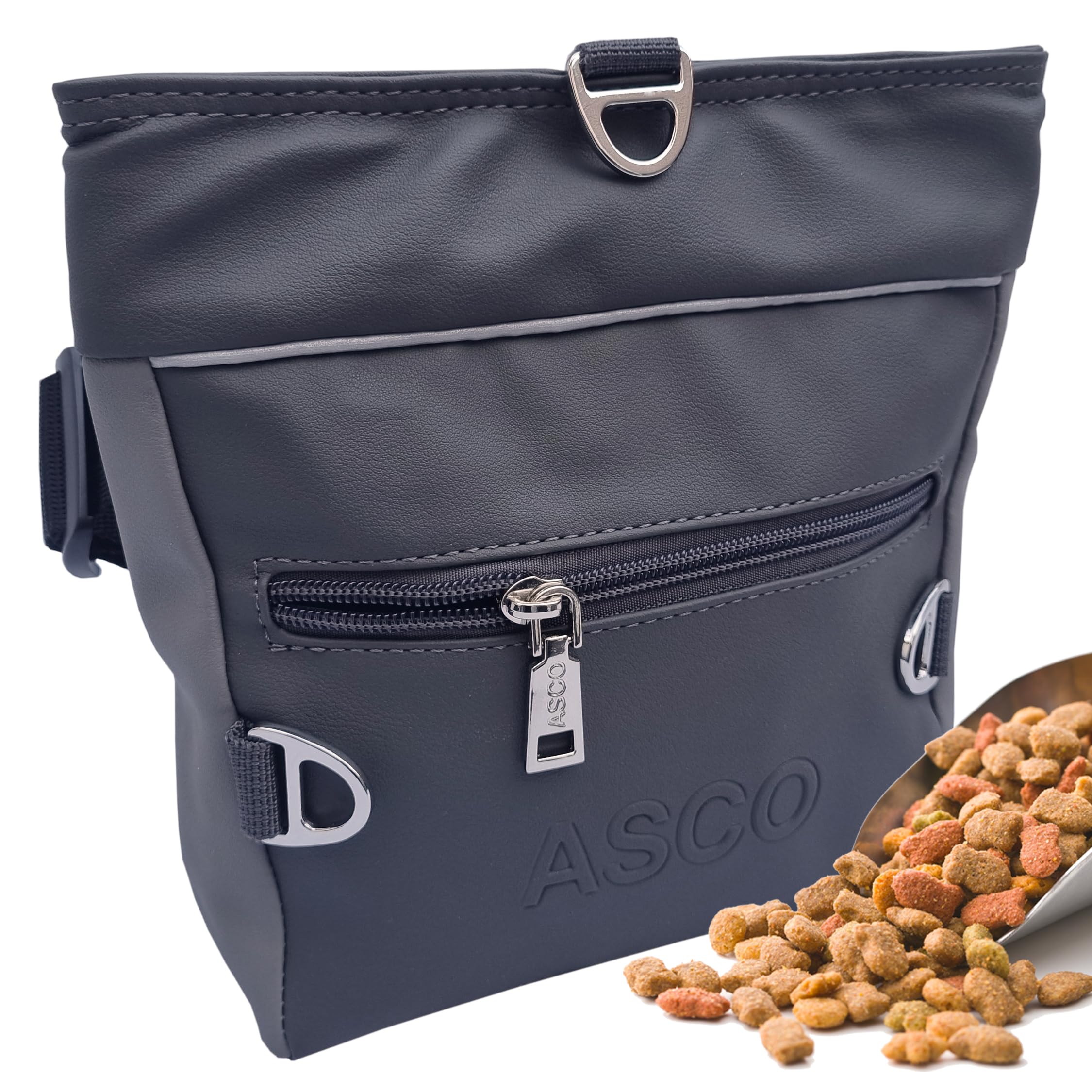 ASCO Dog Treat Bag with One-Handed Snap Closure, Food Bag with Silicone Insert, Premium Treat Bag with Mobile Phone Compartment and Waste Bag Dispenser 20 x 20 cm