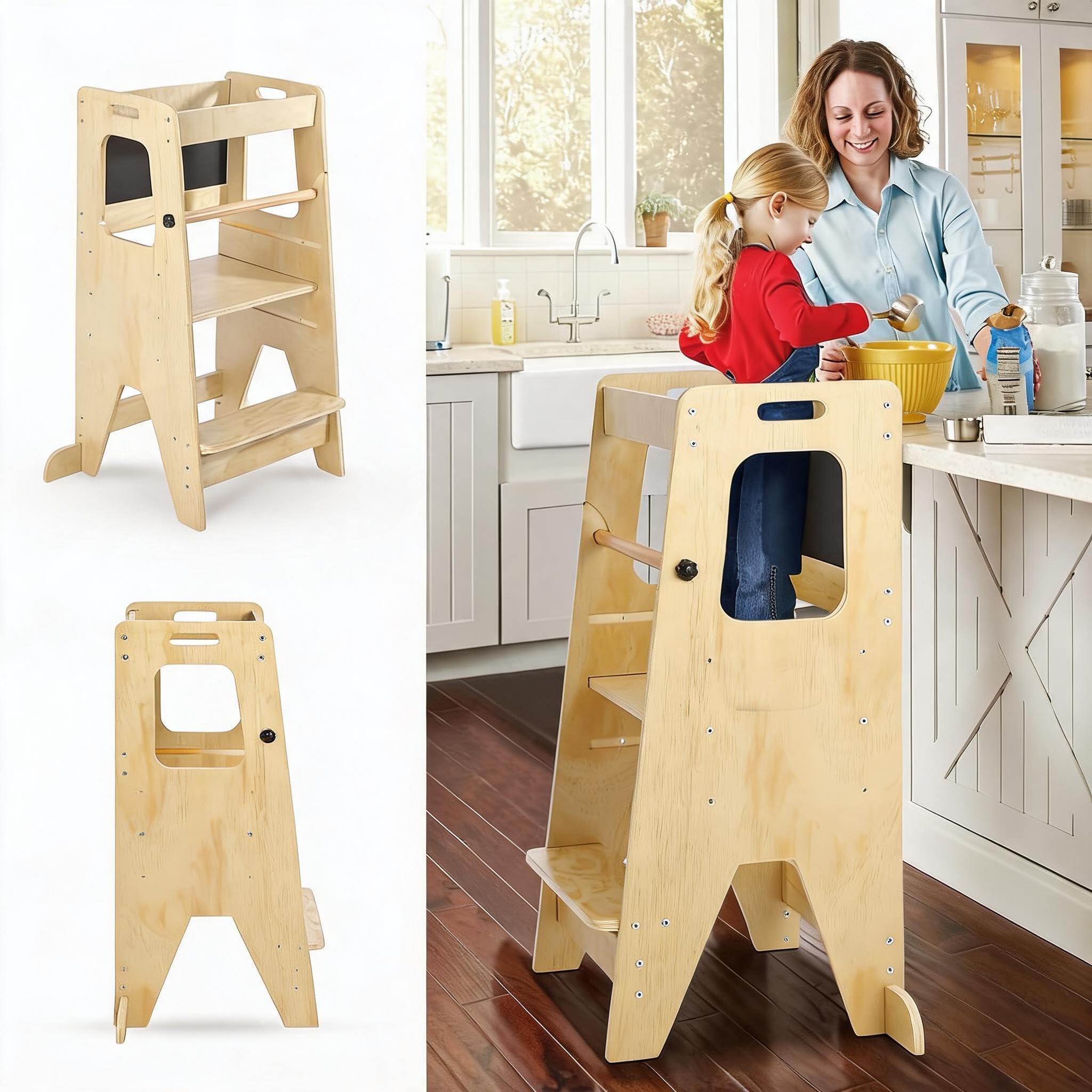 Höhenverstellbarer Kinder Lern-Turm Aus Holz Mit Sicherheitsgeländer, Anti-Rutsch Und Kreidetafel – Multifunktionaler Tritthocker Für Küche, Bad Und Spielbereich, Tragfähigkeit Bis 68 kg