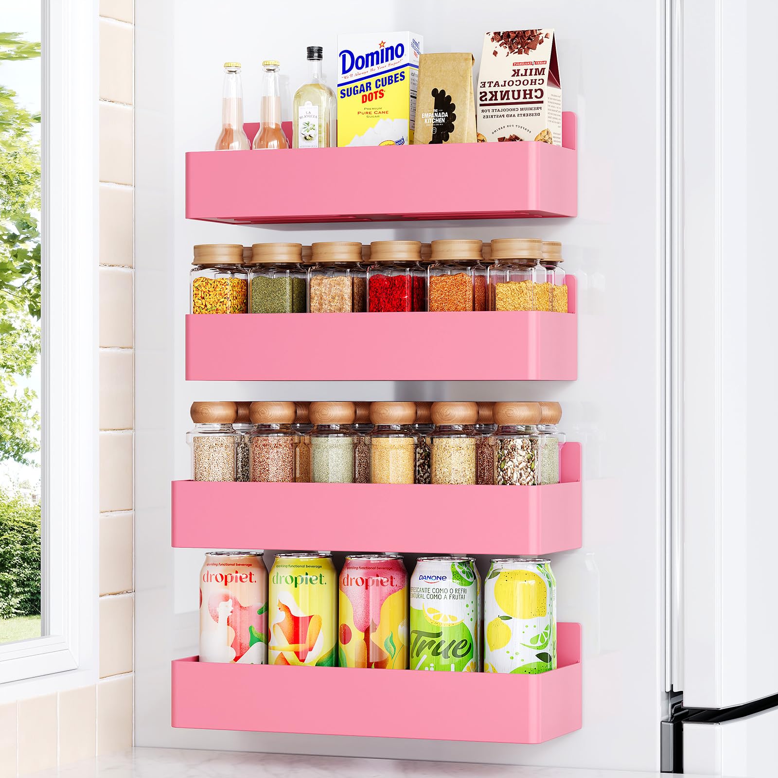 Mystozer Magnetisches Gewürzregal für Kühlschrank, Küchen-Organizer und Aufbewahrungsregal, Rosa (4 Stück)
