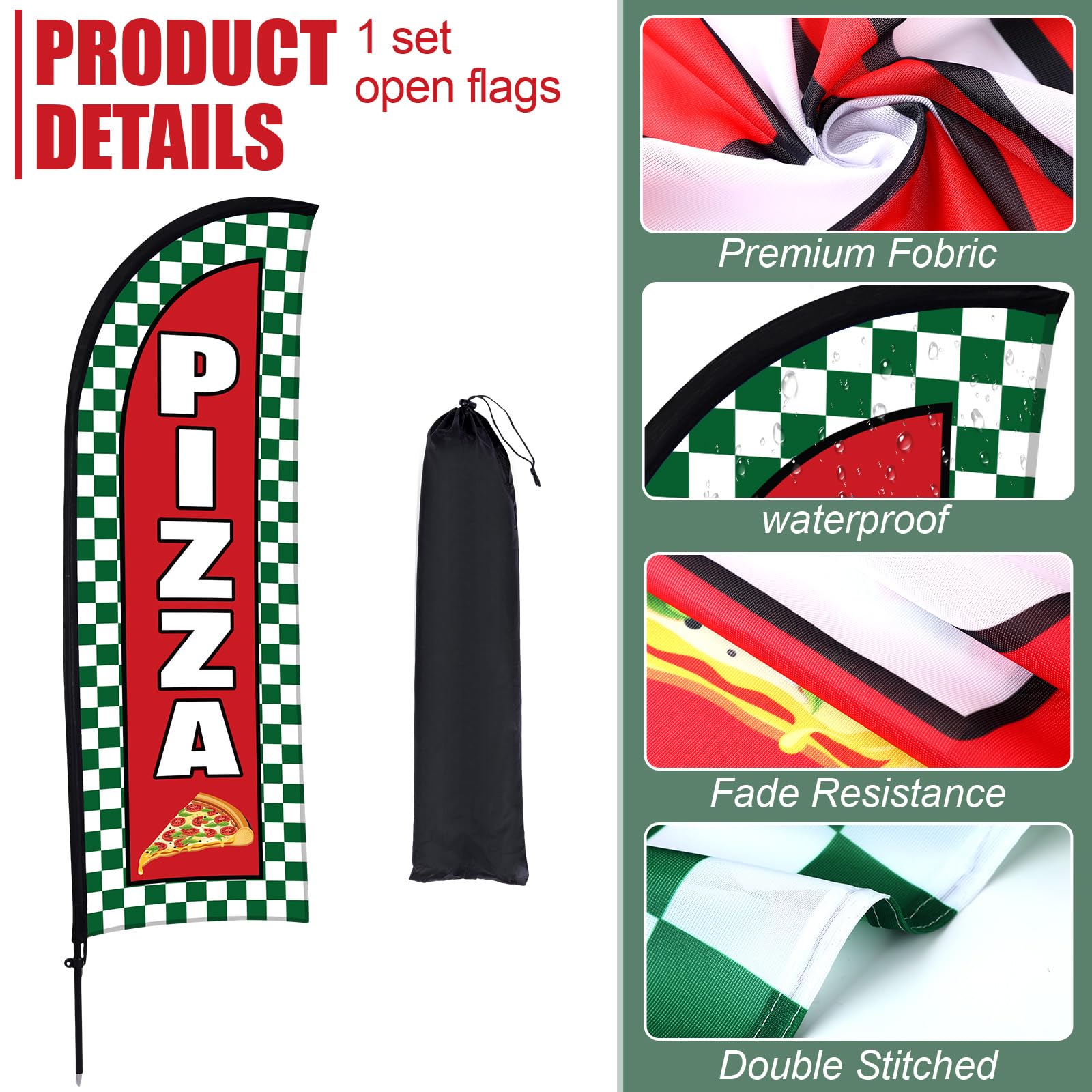 Hahafelt Bandera de plumas de pizza para publicidad empresarial, 7 x 5 pies, letrero de bandera de publicidad de pizza con poste de bandera, bolsa portátil, letreros de barbacoa, juego de banderas