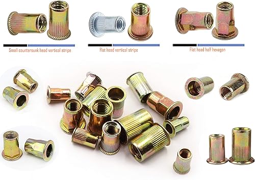 Miniatura 7 de LBY 60 tuercas remachadoras de acero al carbono, kit surtido de tuercas de rosca M6 (medio hexagonal), acero al carbono, chapado en zinc, amarillo