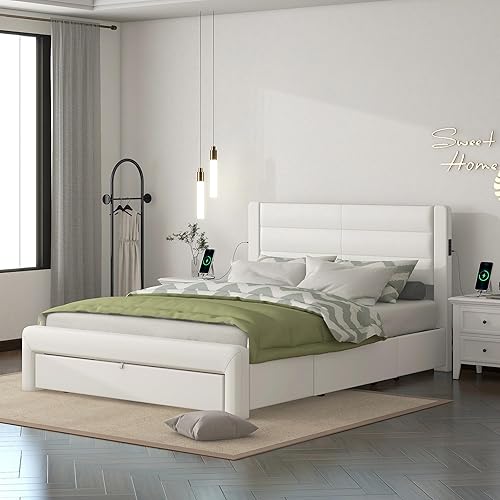 Miniatura 4 de Base de cama tapizada de tamaño Queen con 3 cajones de almacenamiento y cabecero, cama de almacenamiento Queen de piel sintética con estación de