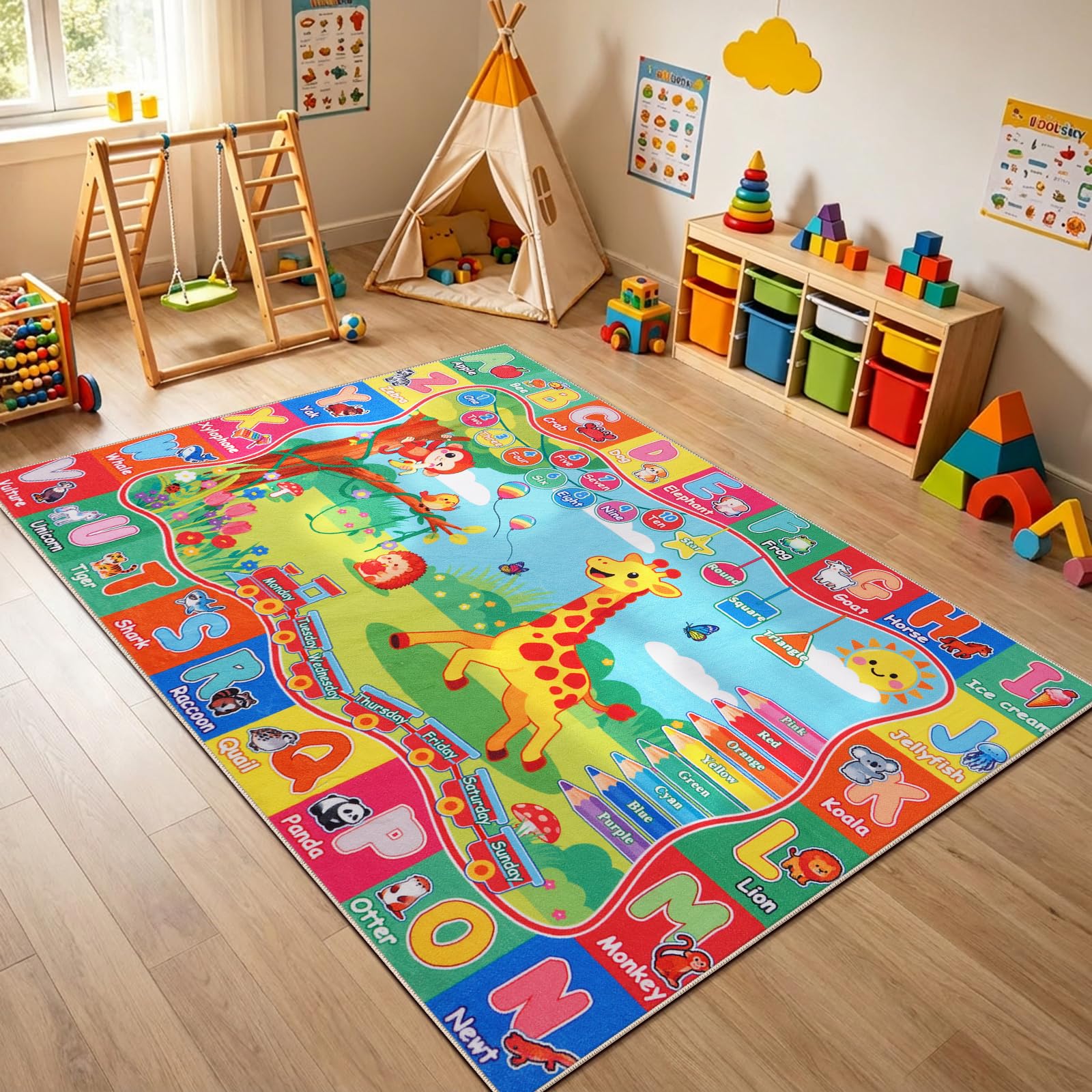 Rezutan Kinderteppich, ABC-Teppich für Spielzimmer, pädagogische Teppiche für Kinder, zum Lernen von Alphabet, Zahlen, Farben, Tierwörtern, weich und rutschfest, großer Teppich für Schule