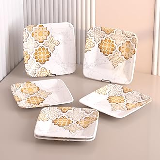Bliss Melamine Quarter Plates Set Of 6 - Size 7',Non Breakable,Square Designer Plate For Serving Snacks,Breakfast,Lunch Or Dinner At Home,Kitchen,Or Café,Stainless (Paradise Palms) - White
