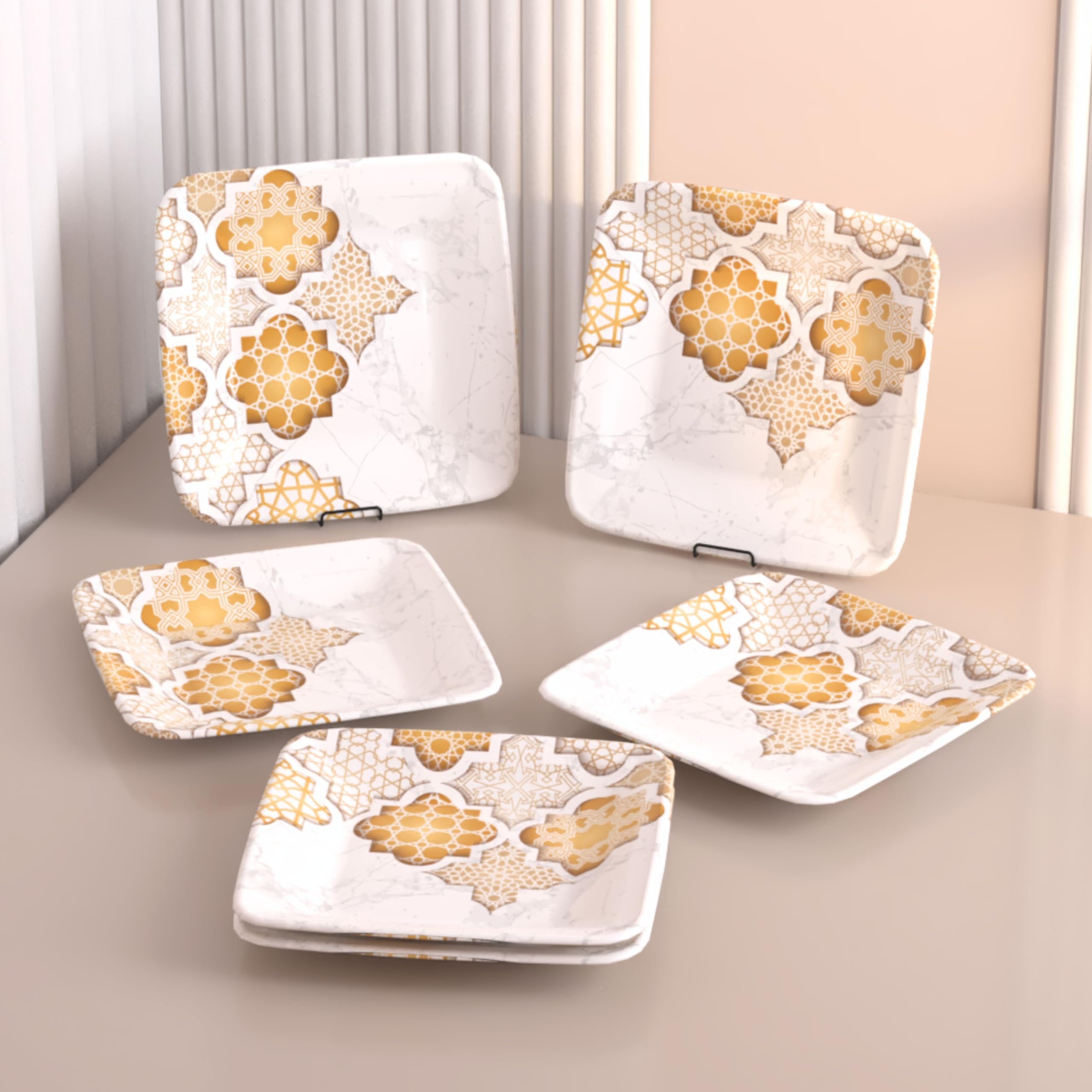 Castleite Bliss Melamine Quarter Plates Set Of 6 - Size 7',Non Breakable,Square Designer Plate For Serving Snacks,Breakfast,Lunch Or Dinner At Home,Kitchen,Or Café,Stainless (Paradise Palms) - White