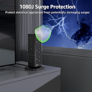 5M Tower Extension Lead with USB Slots, Hotimy 12 AC Outlets Surge Protected Extension Lead with 4 USB Ports Power Strip Multi Socket Plug Extension Black Extension Cords for Home,Kitchen,Office