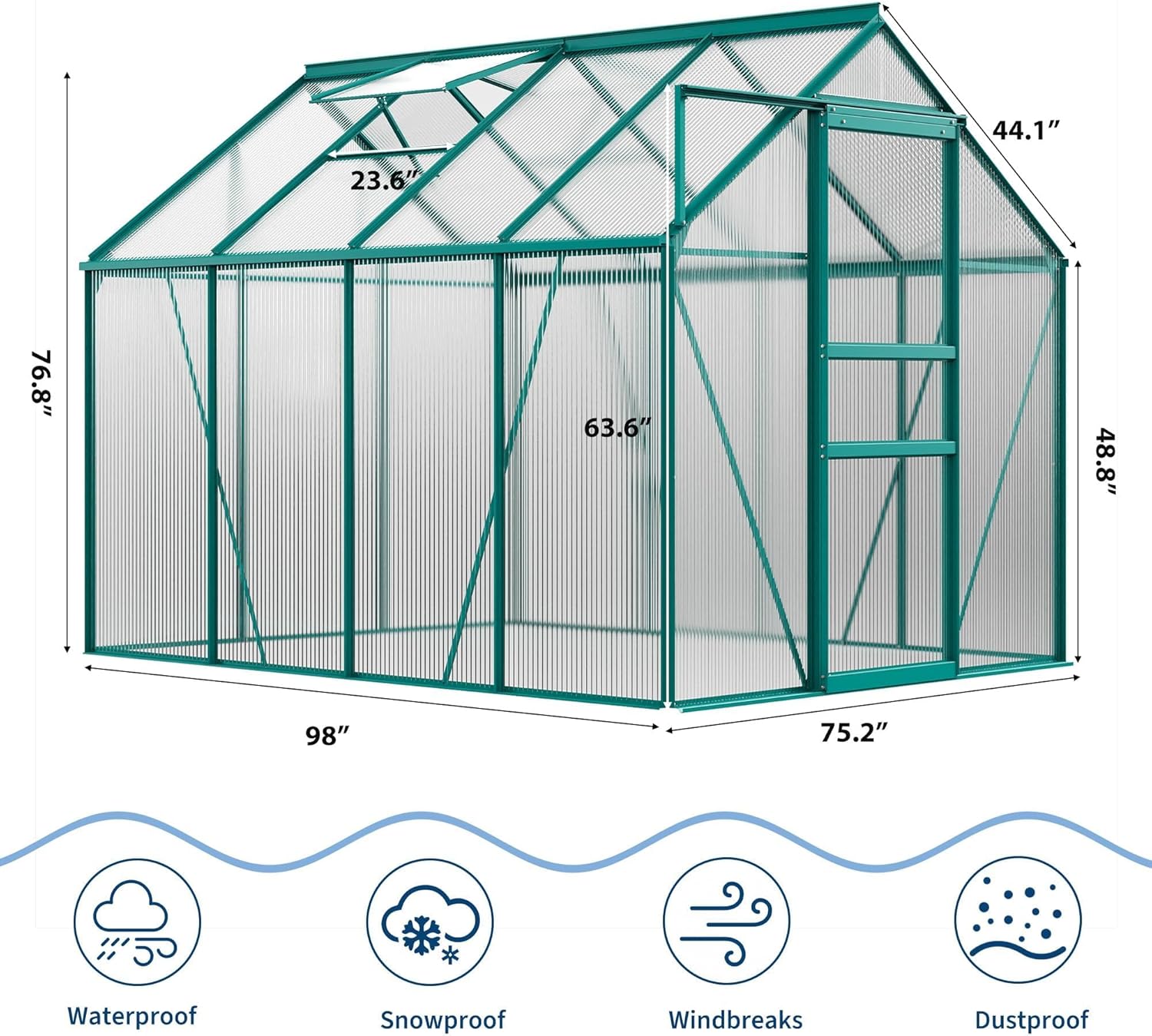 CABIHOME 6x8Ft Greenhouse for Outside, Walk-in Greenhouse with Polycarbonate Panel, Heavy Duty Aluminum Frame Greenhouse, Adjustable Roof Vent & Large Interior, Green House for Backyard & Patio, Green