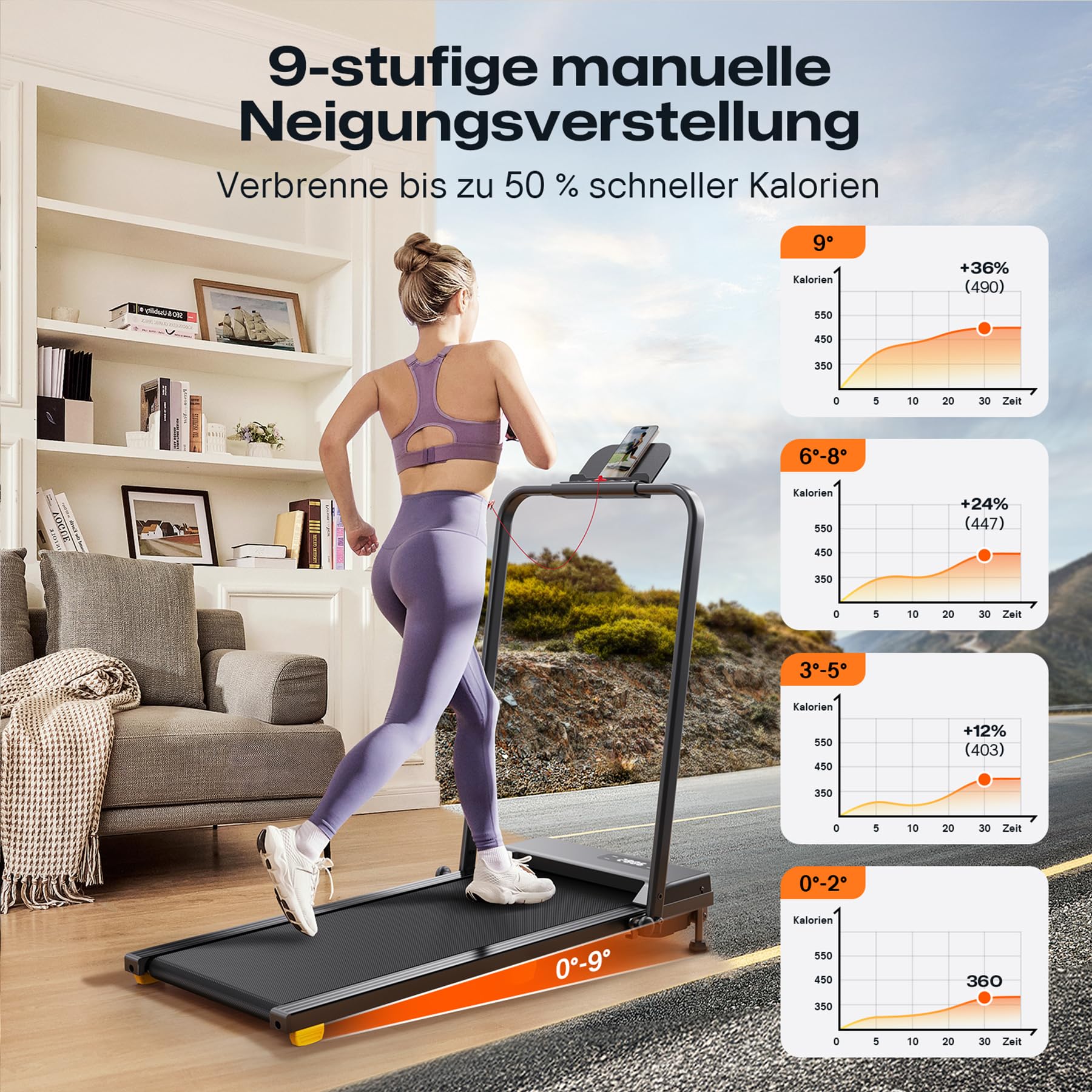 UREVO Tapis de marche avec inclinaison de 9 %, tapis de course silencieux avec absorption des chocs à six points, 2,5 chevaux de puissance pour la maison/le bureau, télécommande, pas de montage