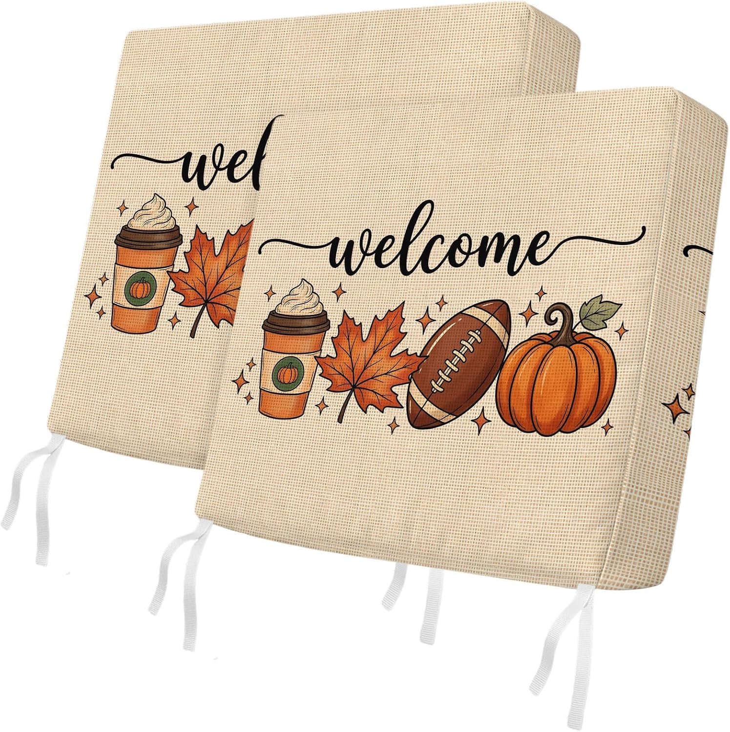 Outdoor Waterproof Cushion Covers Fall Maple Leaf Thanksgiving Pumpkin Football Replacement Seat Slipcover for Patio,Welcome Quote Chair Couch Sofa Covers Furniture Protector Set of 2,22x20IN