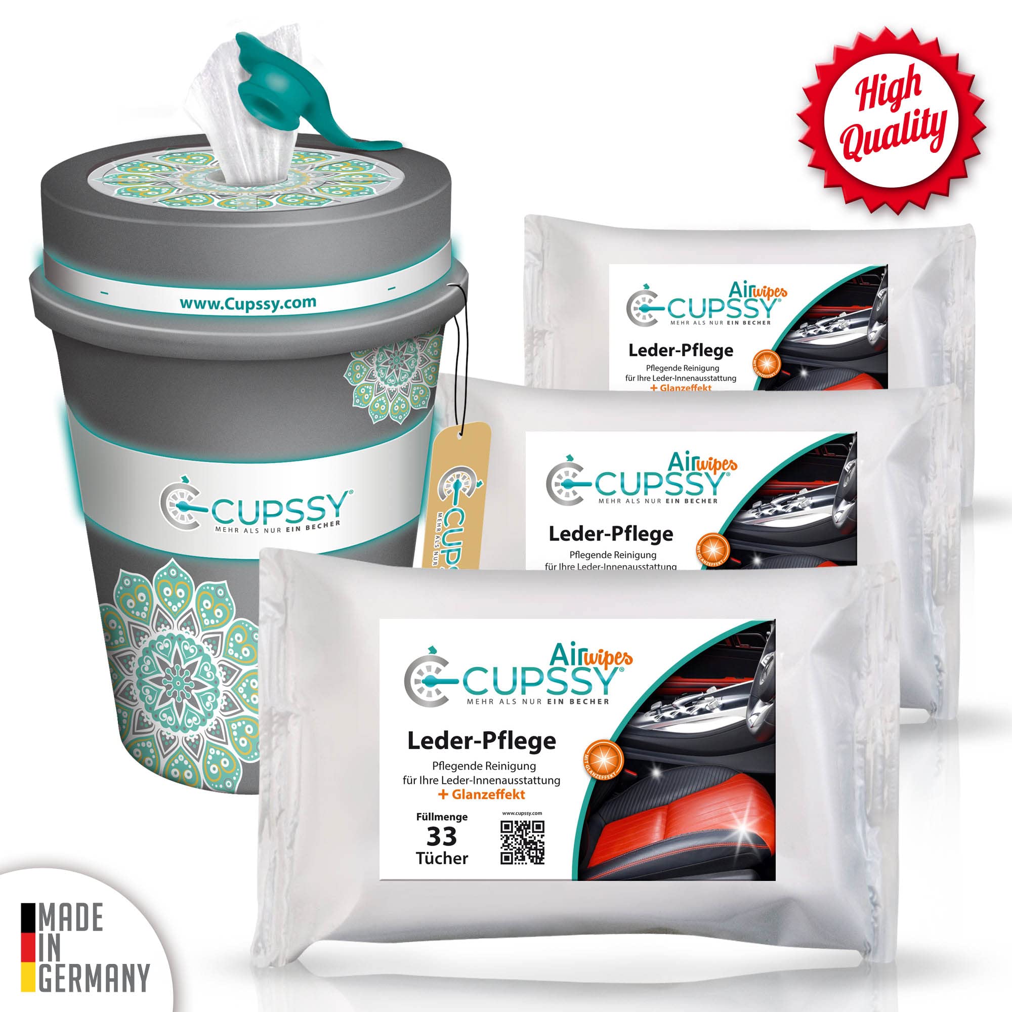 Cupssy Cup Lederreinigungstcher 3in1 Box - zur schonenden & grndlichen  Lederreinigung im wiederauffllbaren Bambusbecher mit Duftpad (33 Tcher),  Made in Germany, Grau : Amazon.de: Drogerie & Krperpflege