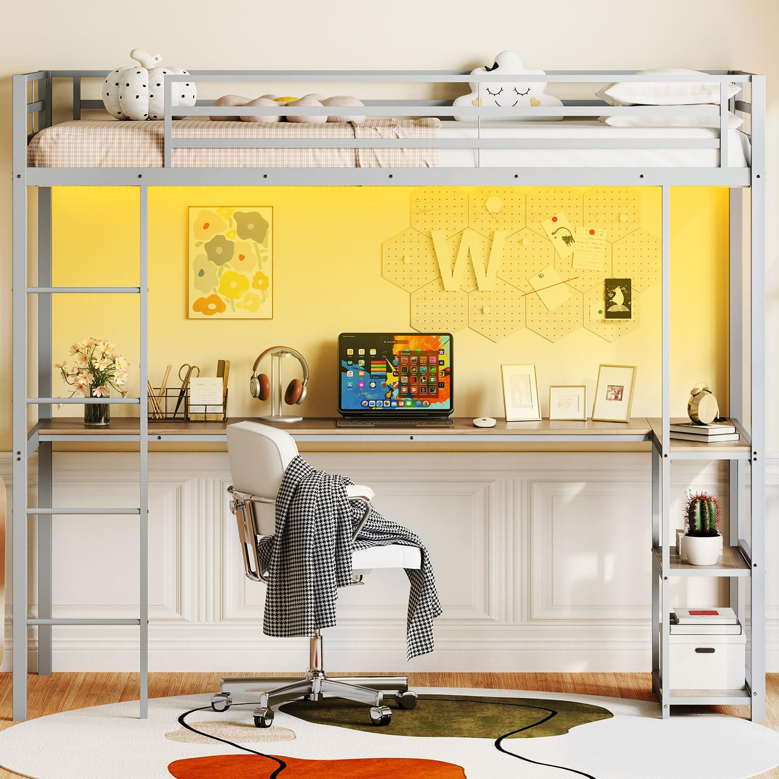 COSTWAY Łóżko piętrowe z biurkiem 90 x 200 cm, łóżko piętrowe z oświetleniem LED, stacja ładująca i 2 półki, łóżko piętrowe z metalu, z balustradą bezpieczeństwa i drabinką, łóżko młodzieżowe (srebrne